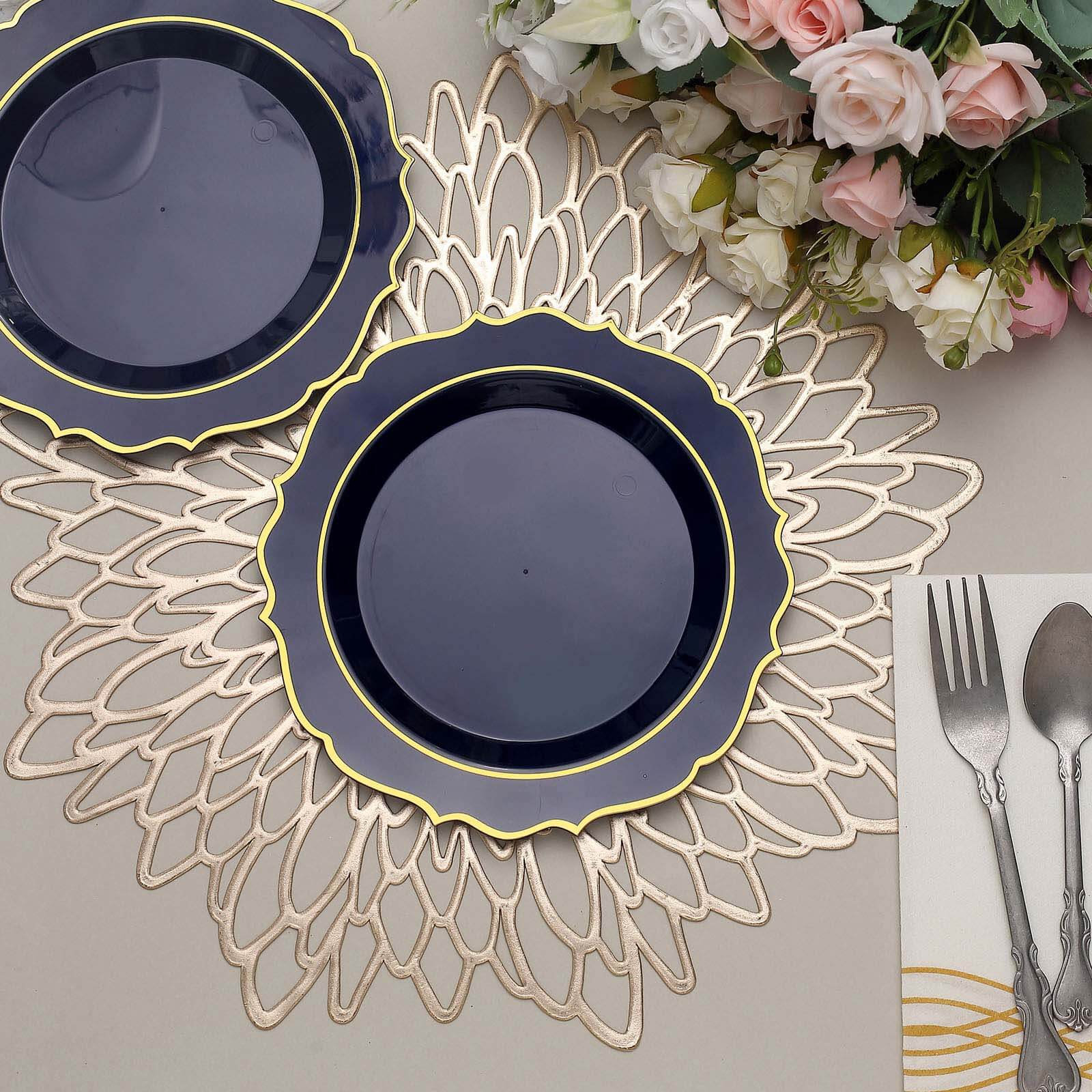 10-Pack Plastic 8 Round Desert Plates in Navy Blue with Gold Scalloped Rim - Disposable Appetizer/Salad Plates