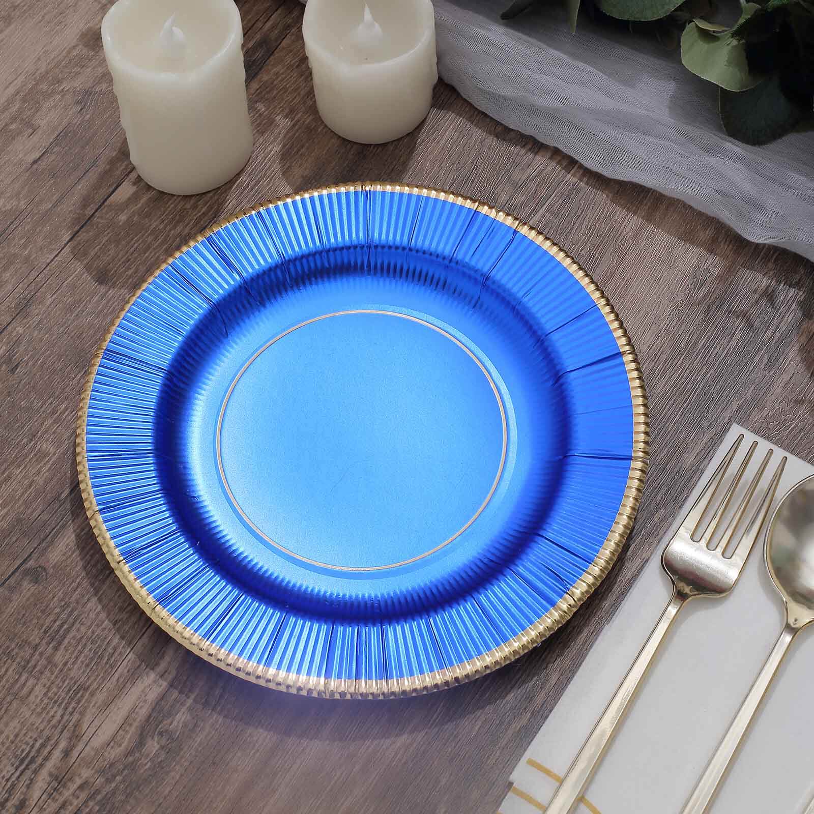 25-Pack Paper 8 Round Dessert Plates in Royal Blue Sunray Design with Gold Rim - Disposable Heavy Duty 350GSM Appetizer Salad Plates