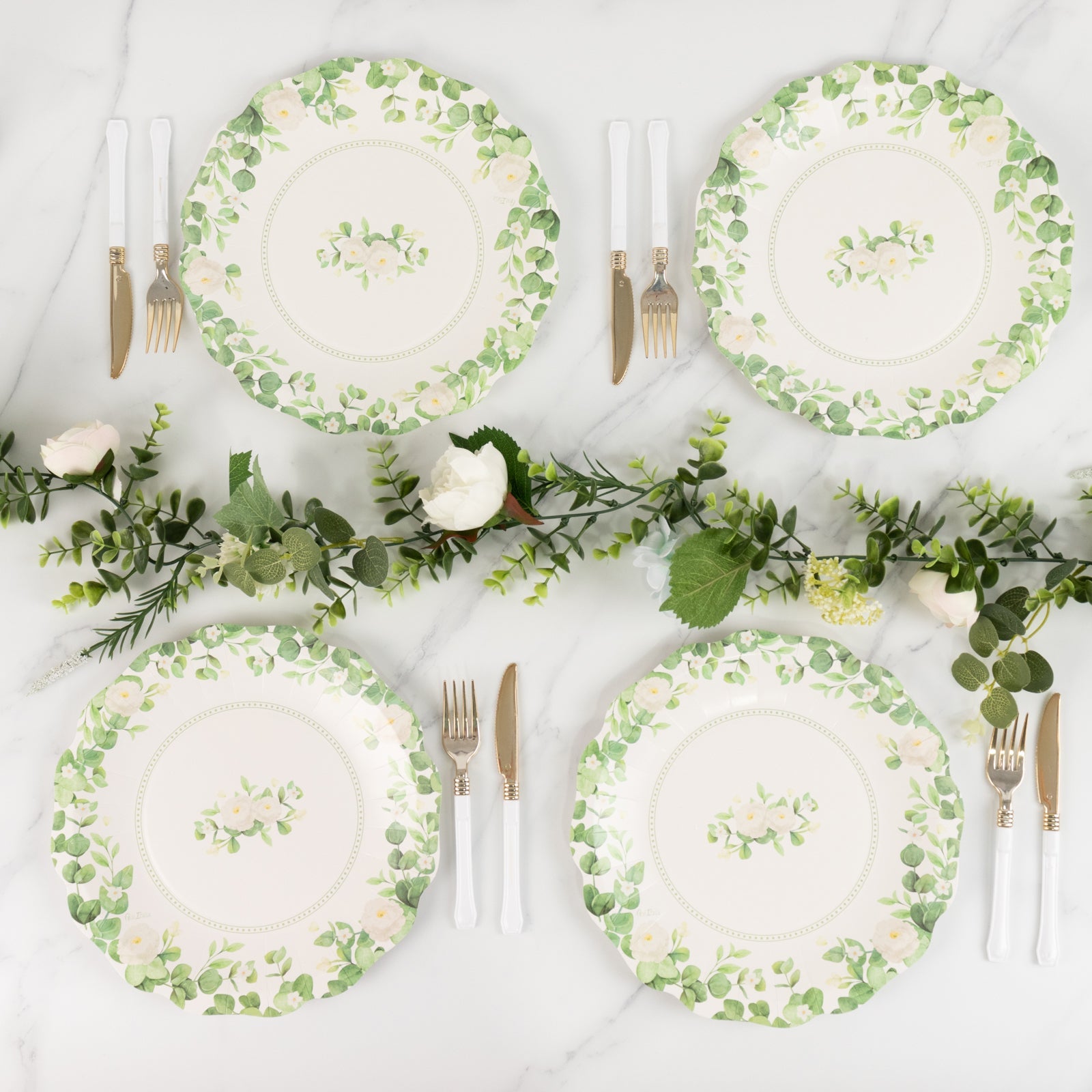 25-Pack Paper 8 Round Dessert Plates in White with Floral Greenery & Scalloped Edges - Disposable Appetizer Salad Plates for Rustic Weddings & Garden Brunches