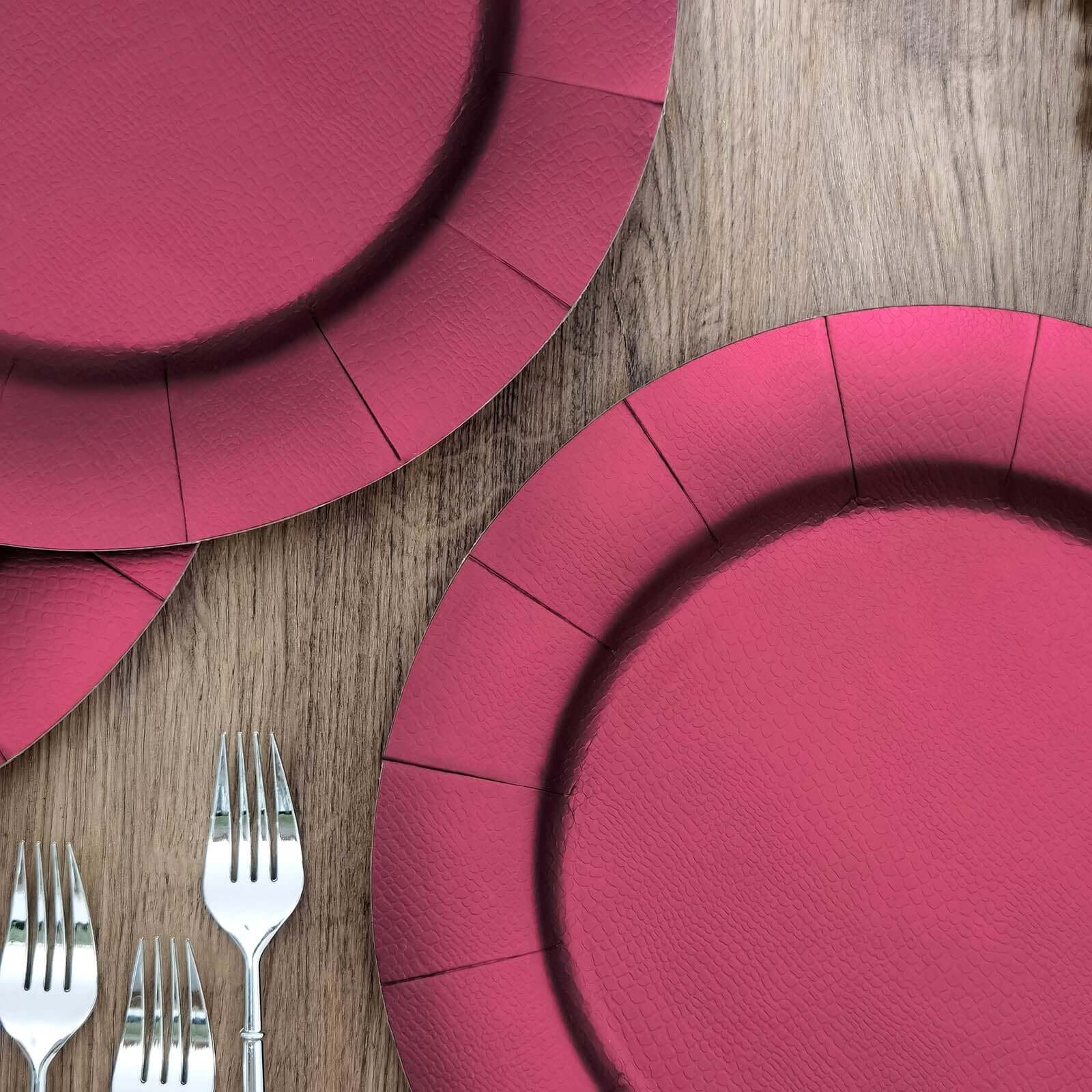 10-Pack Disposable Round Charger Plates in Burgundy with Leathery Texture - Durable 1100GSM Cardboard Placemats 13