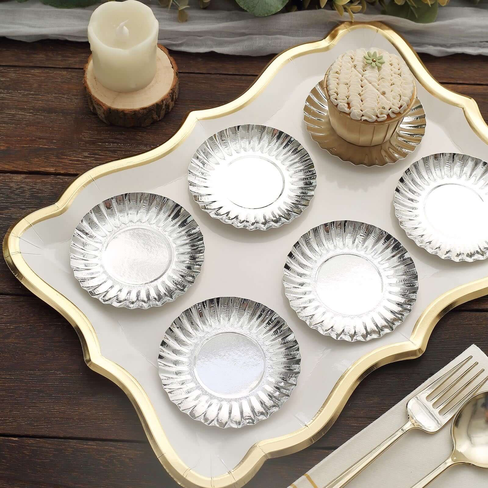 50-Pack Paper 3.5 Round Party Plates in Metallic Silver with Scalloped Rim - Disposable Mini 250GSM Dessert Plates for Tapas, Appetizers & Finger Foods