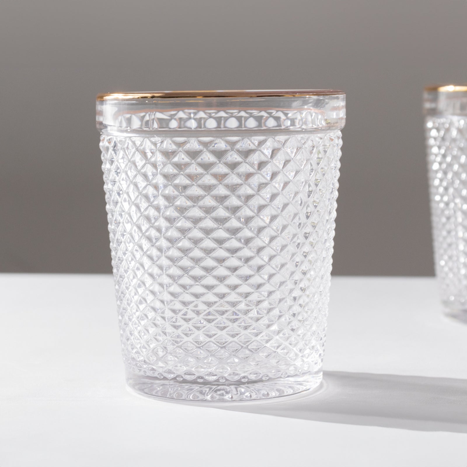 6-Pack Tumbler Glasses Clear Hobnail Design with Gold Rim - Embossed Diamond Pattern Glassware for Drinks & Parties 11oz 4