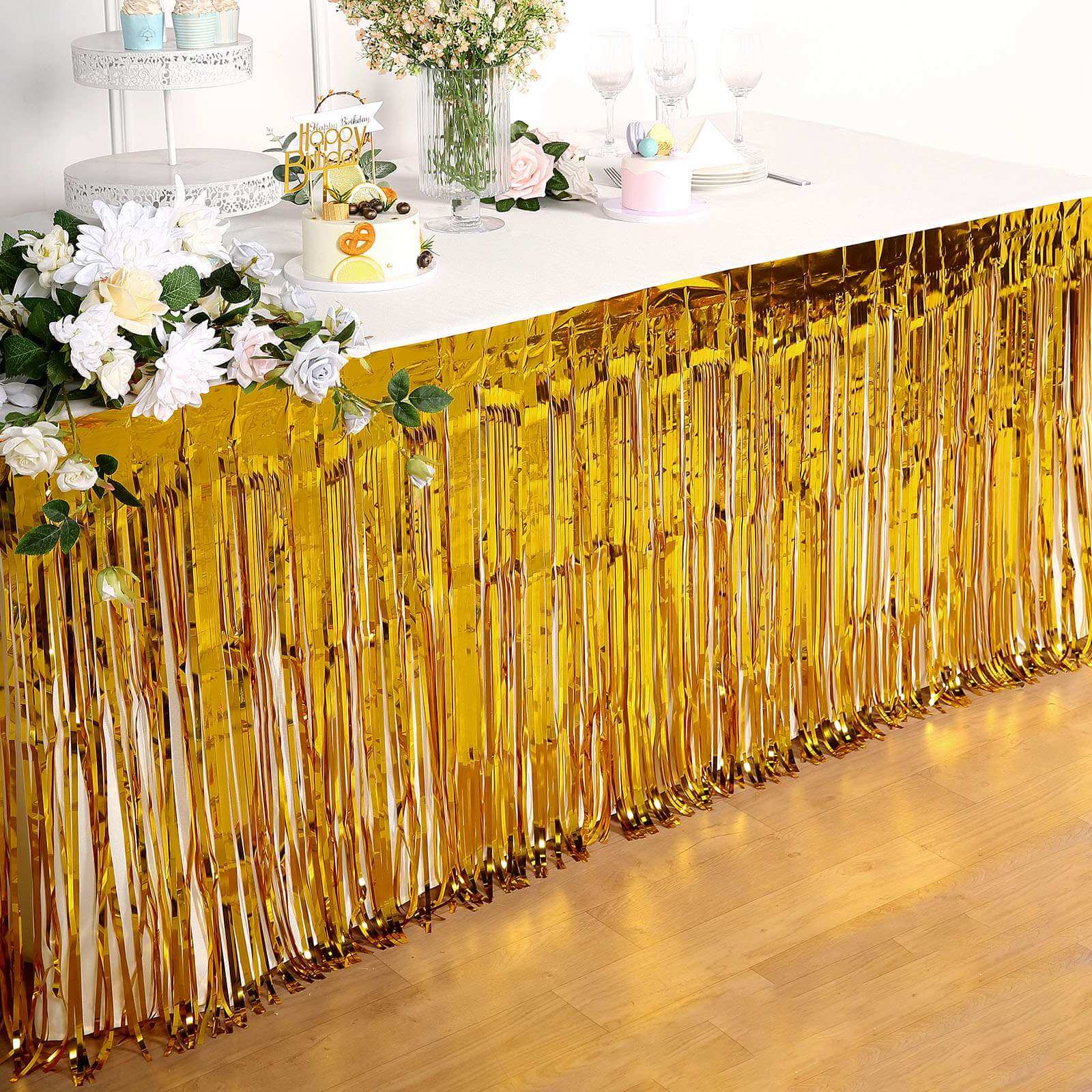 Metallic Foil Fringe Table Skirt Gold with Self Adhesive Backing - Durable Tinsel Skirt for Parties 30x9ft