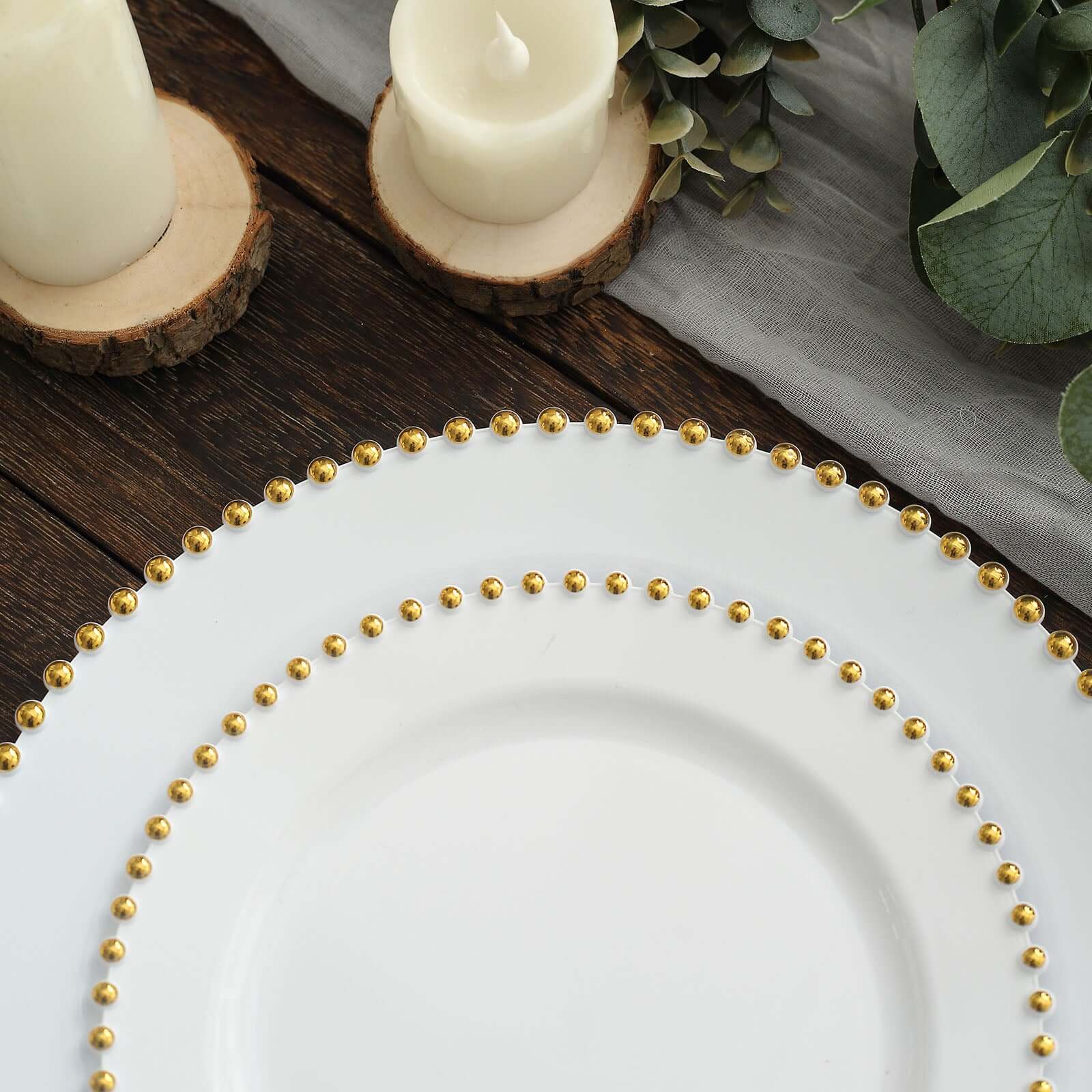 10-Pack Plastic 8 Round Appetizer Dessert Plates in White with Gold Beaded Rim - Disposable Salad Plates for Banquets & Festive Occasions