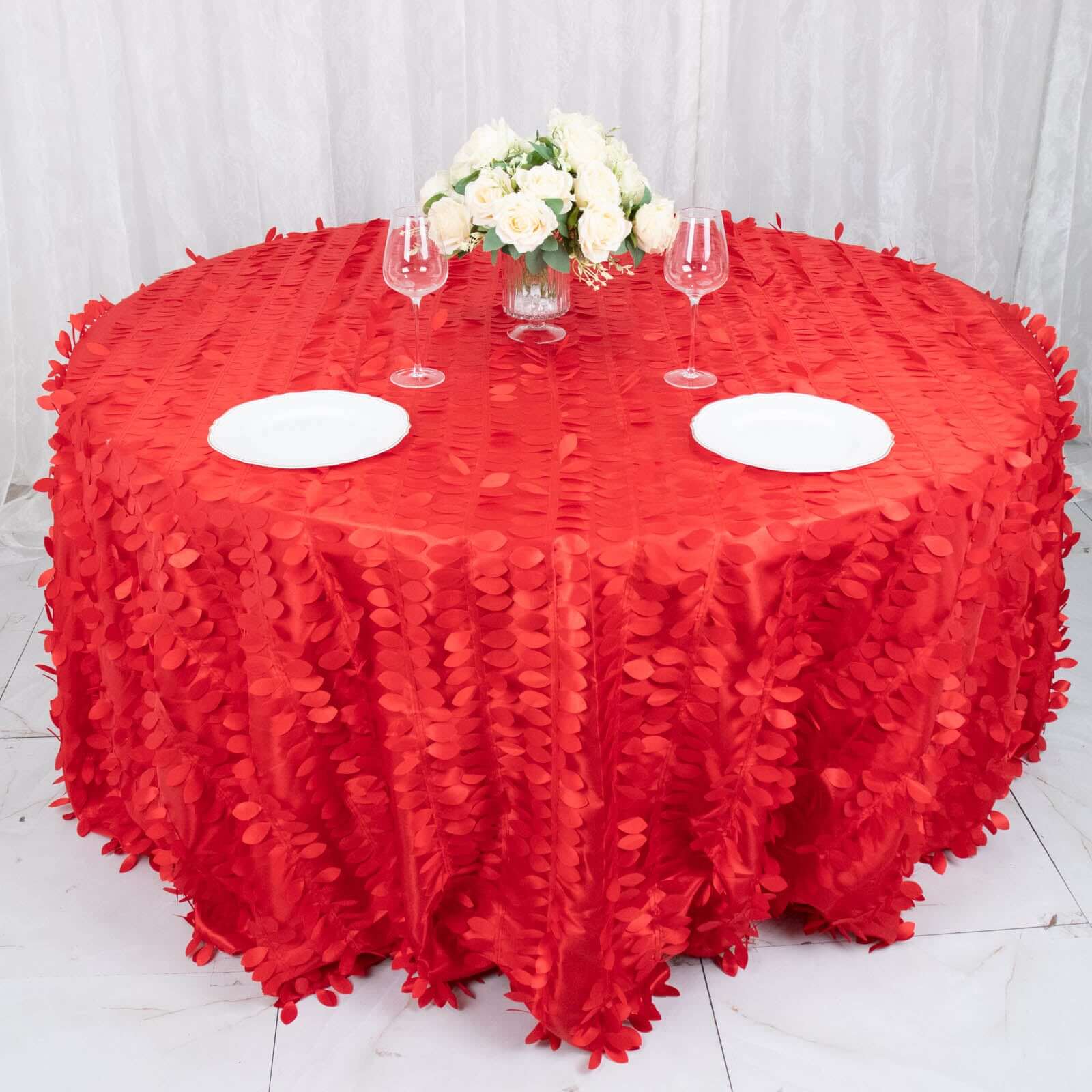 Taffeta 132 Round Tablecloth Red Leaf | 3D Leaf Petal Design Seamless Table Cover