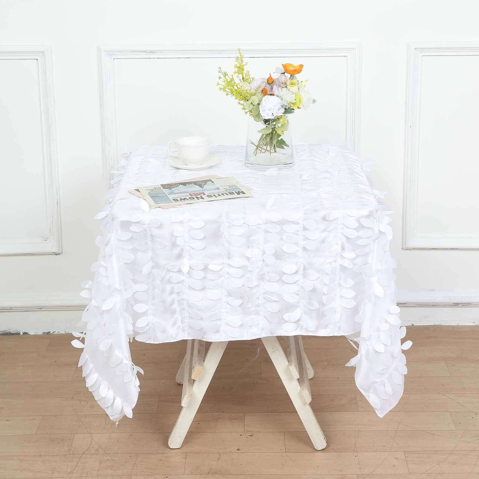 Taffeta 54x54 Square Tablecloth White | Exquisite 3D Leaf Petal Design for Chic Wedding & Event Decor