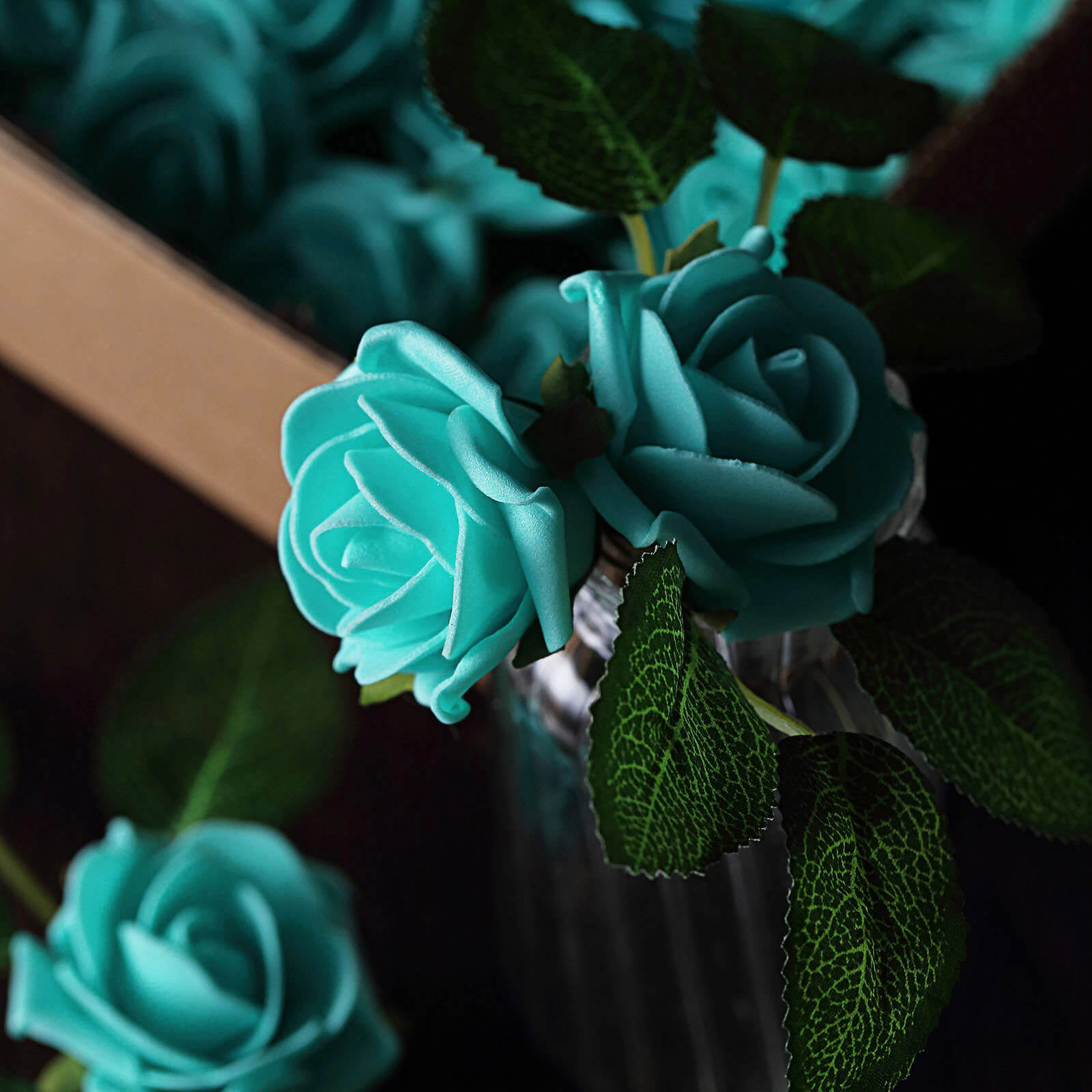 24 Roses 2 Turquoise Artificial Foam Flowers With Stem Wire and Leaves