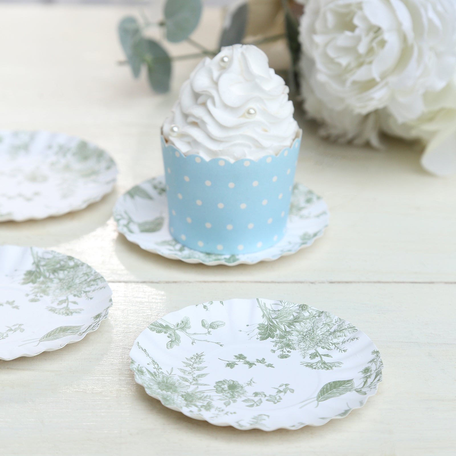 100-Pack Paper 3.5 Round Plates in White with Sage Green French Toile Design & Scalloped Rim - Disposable Mini 250GSM Dessert Party Plates for Tapas, Appetizers & Finger Foods