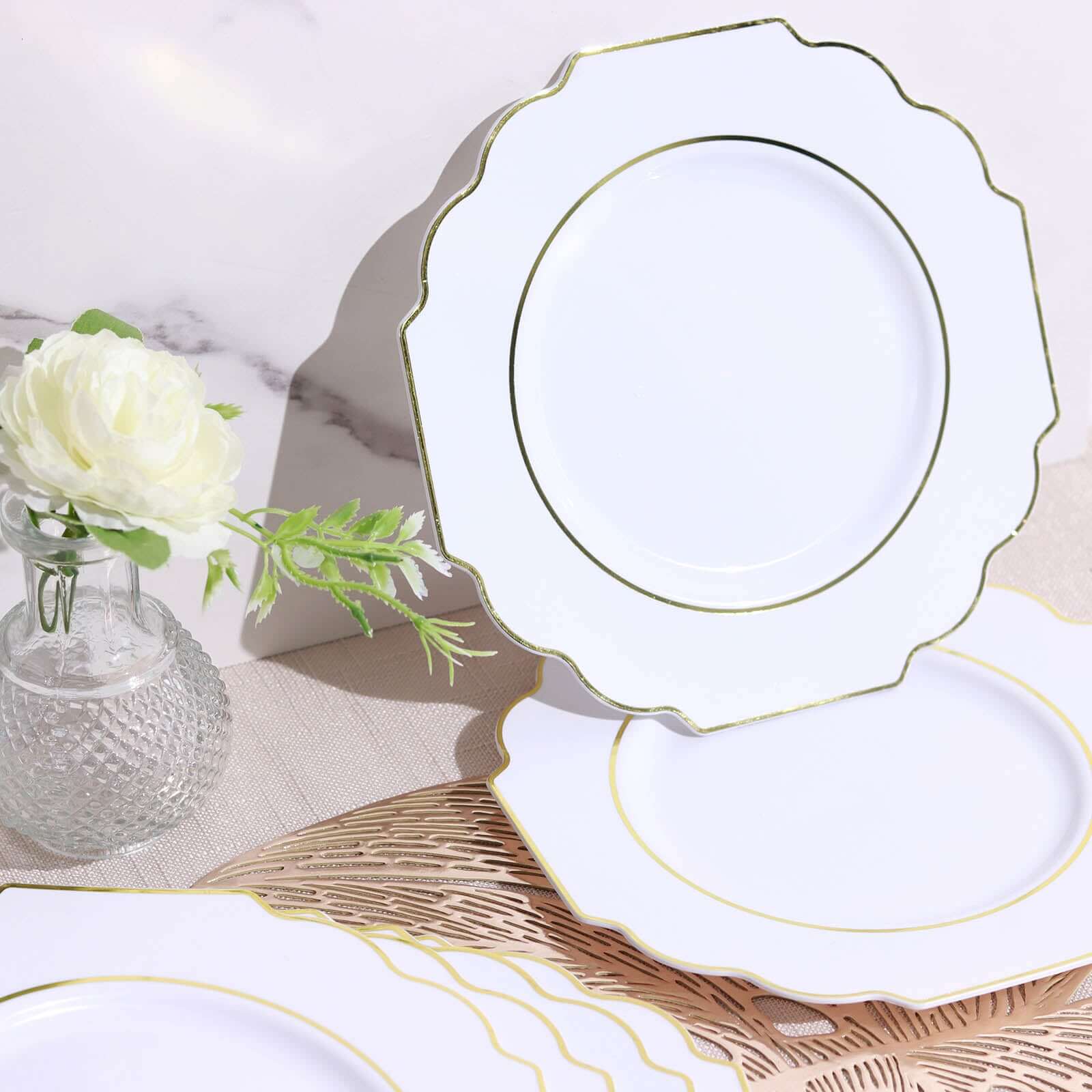 10-Pack Plastic Dessert Appetizer Plates in White Baroque Design with Scalloped Gold Rim - Heavy Duty Disposable Salad Plates for Formal Events & Banquets 8