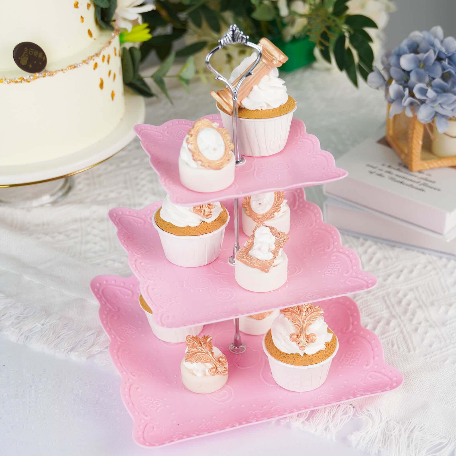 3-Tier Plastic Square Cupcake Stand Tower Pink - Charming Easy to Assemble Dessert Display Serving Tray Platter with Floral Embossed Scalloped Rim & Silver Handle for Tea Parties Weddings & Special Oc