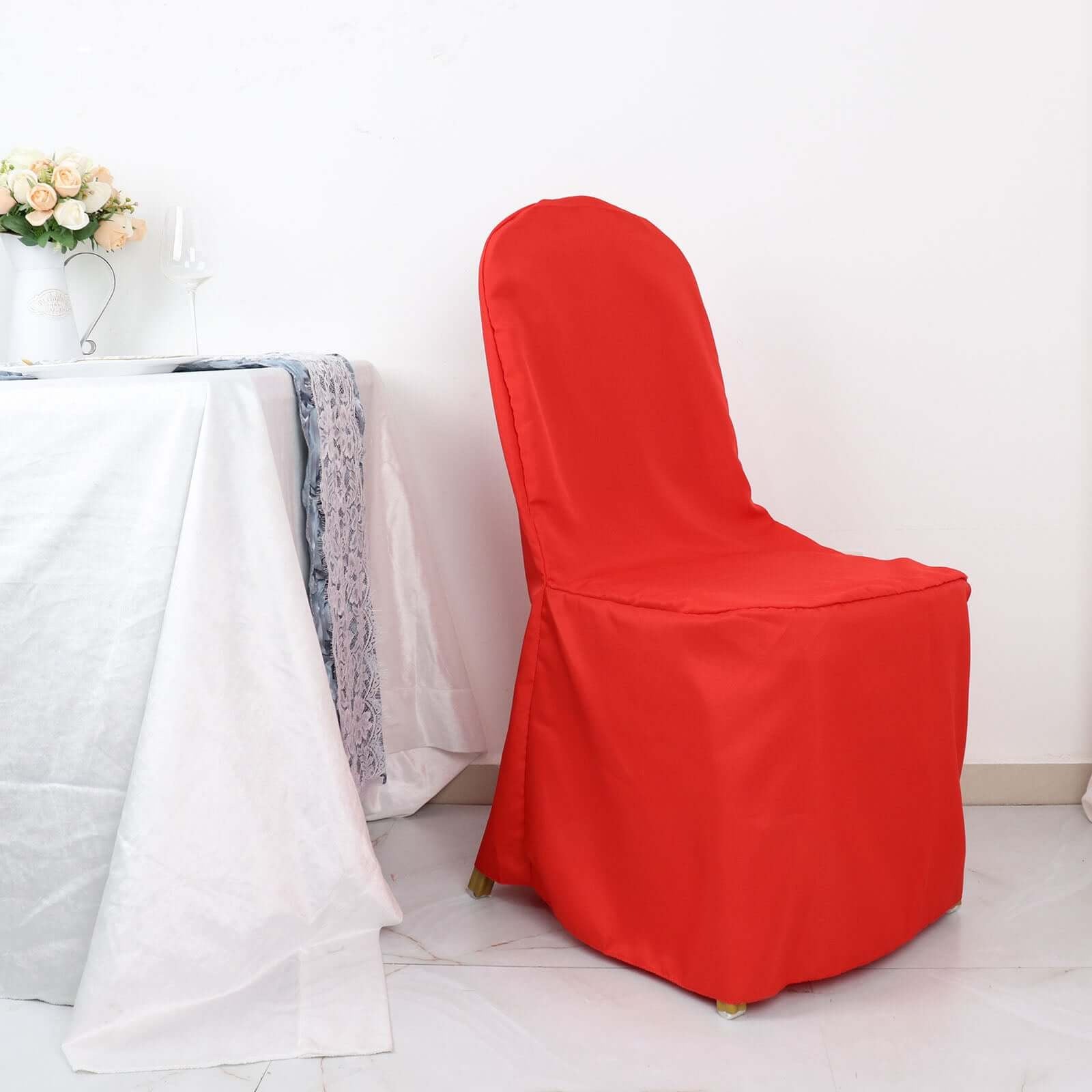 10 Pack Polyester Chair Cover for Banquet Chairs Red - Stain-Resistant Reusable Slip-On Slipcover