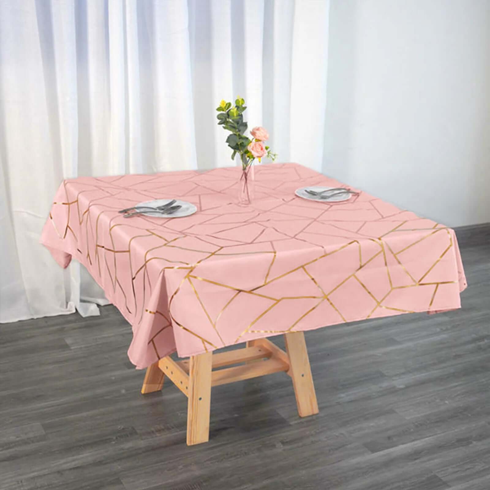 Polyester 54x54 Square Tablecloth Dusty Rose with Gold Foil Geometric Pattern - Wrinkle-Resistant & Durable Table Cover