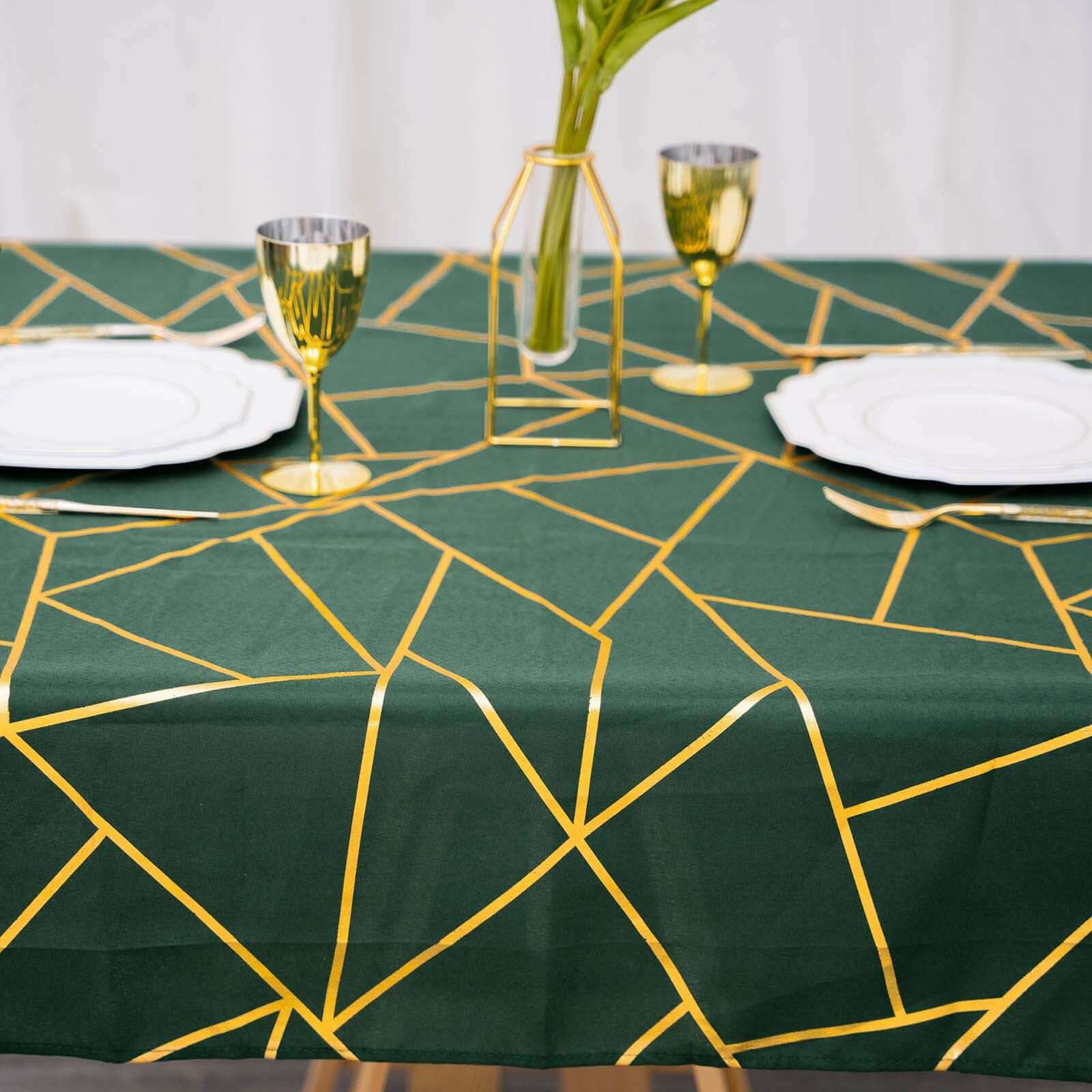 Polyester 54x54 Square Tablecloth Hunter Emerald Green with Gold Foil Geometric Pattern - Wrinkle-Resistant & Durable Table Cover