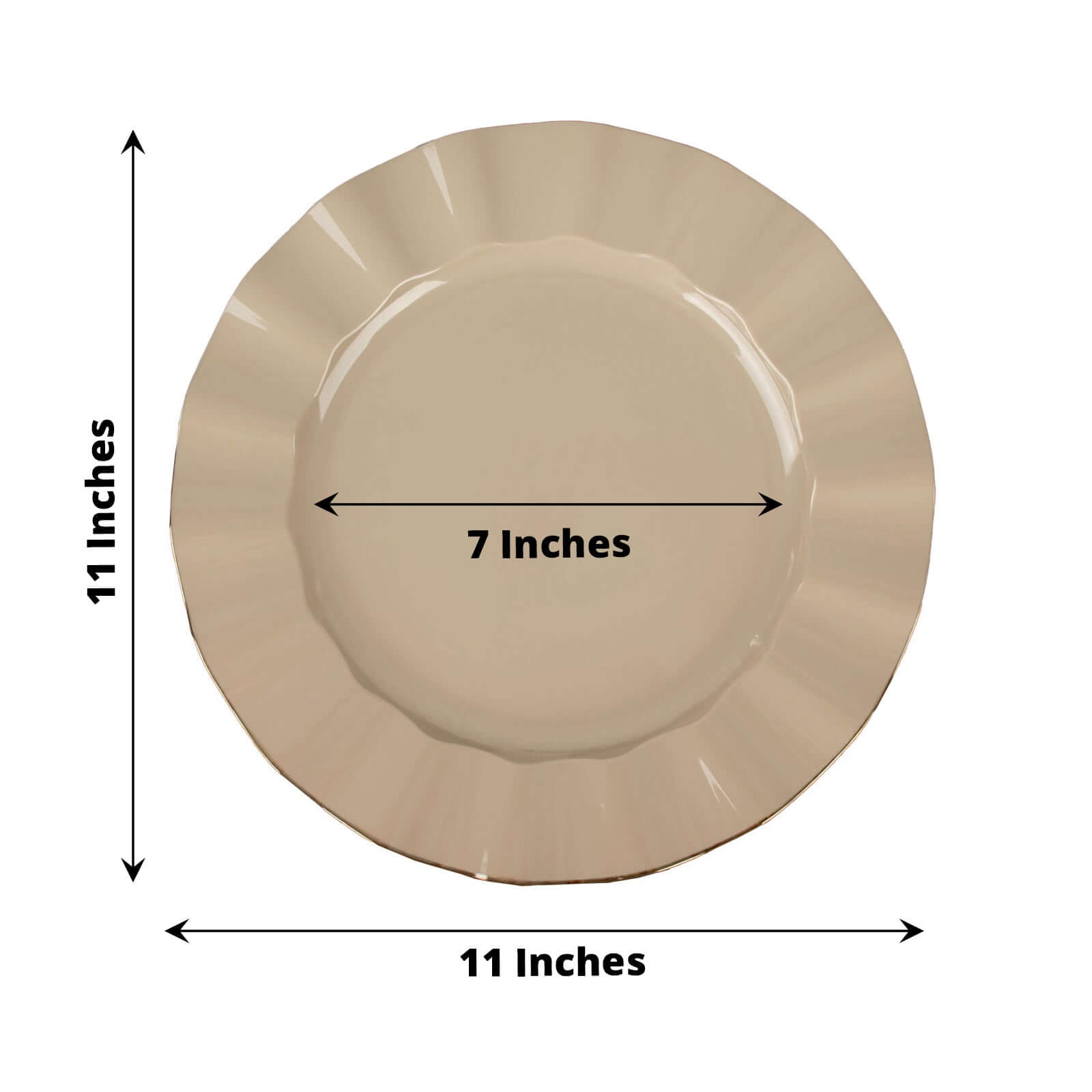 10-Pack Plastic 11 Round Dinner Plates in Taupe Ruffled Rim with Gold Edging - Sturdy Disposable Dinnerware