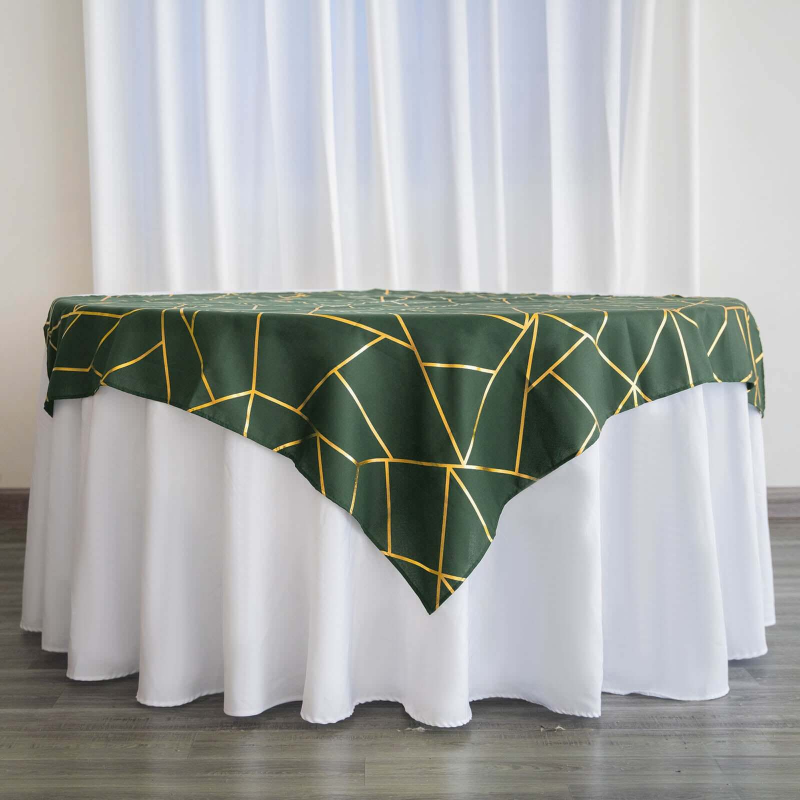 Polyester 54x54 Square Tablecloth Hunter Emerald Green with Gold Foil Geometric Pattern - Wrinkle-Resistant & Durable Table Cover