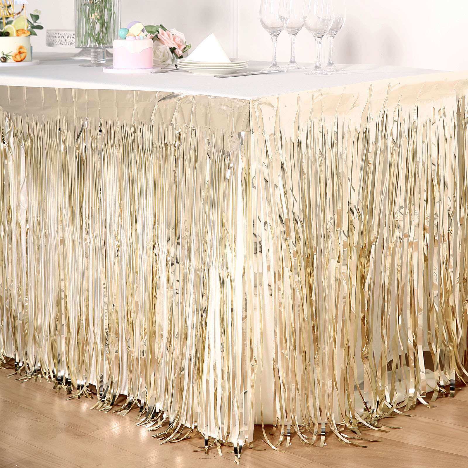 Metallic Foil Fringe Table Skirt Champagne with Self Adhesive Backing - Durable Tinsel Skirt for Parties 30x9ft