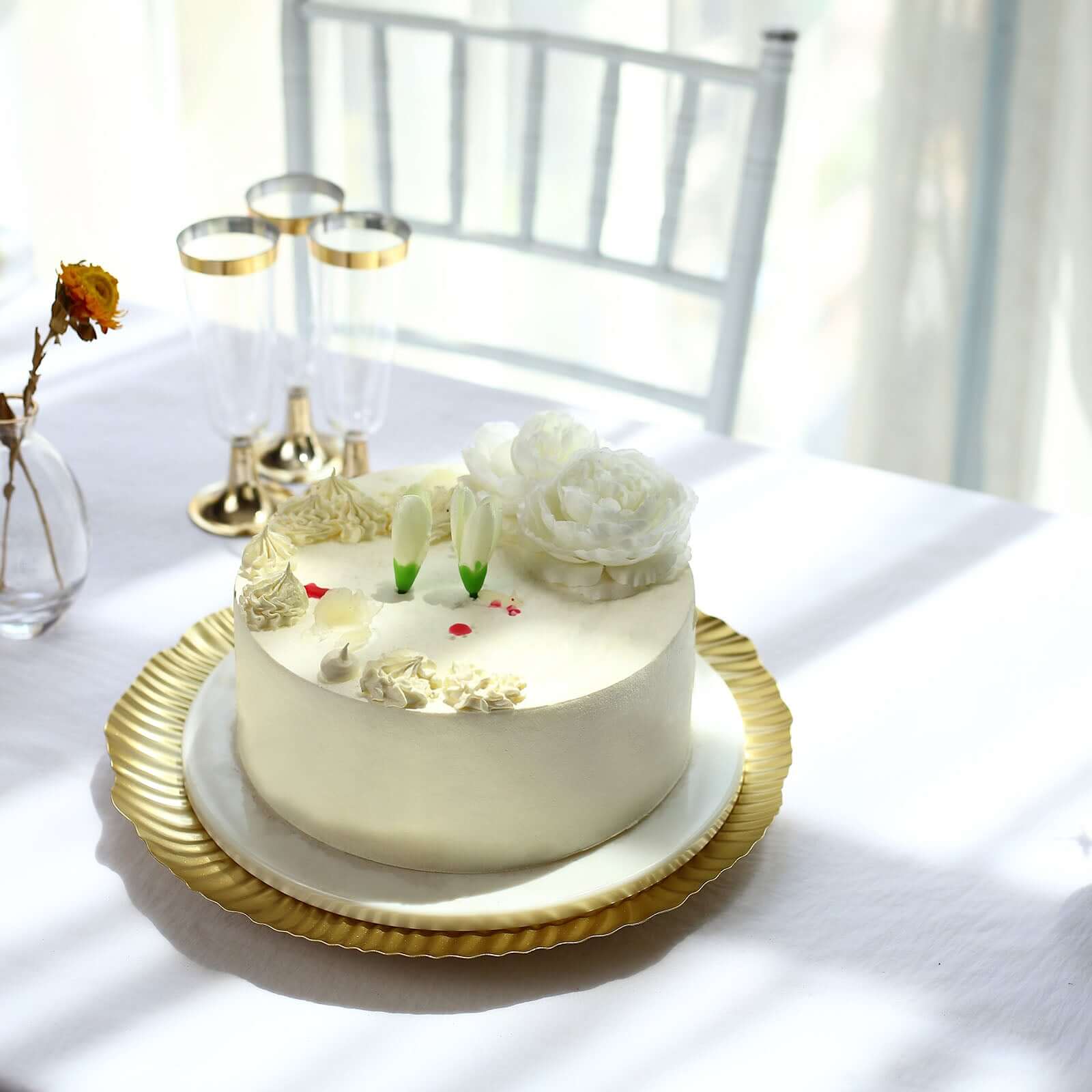 Metal Round Serving Tray 12 in Gold Floral Pattern with Wavy Rim, Pedestal Dessert Display with Hairpin Legs