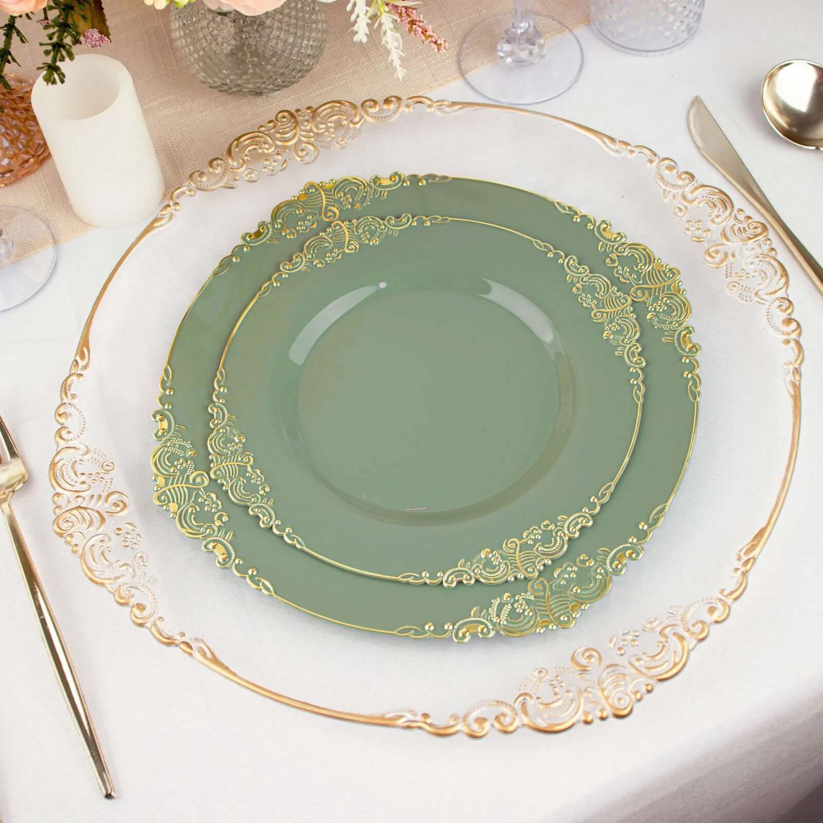 10-Pack Plastic 10 Round Dinner Plates in Dusty Sage Green with Gold Leaf Embossed Rim - Disposable Vintage Baroque Style Plates