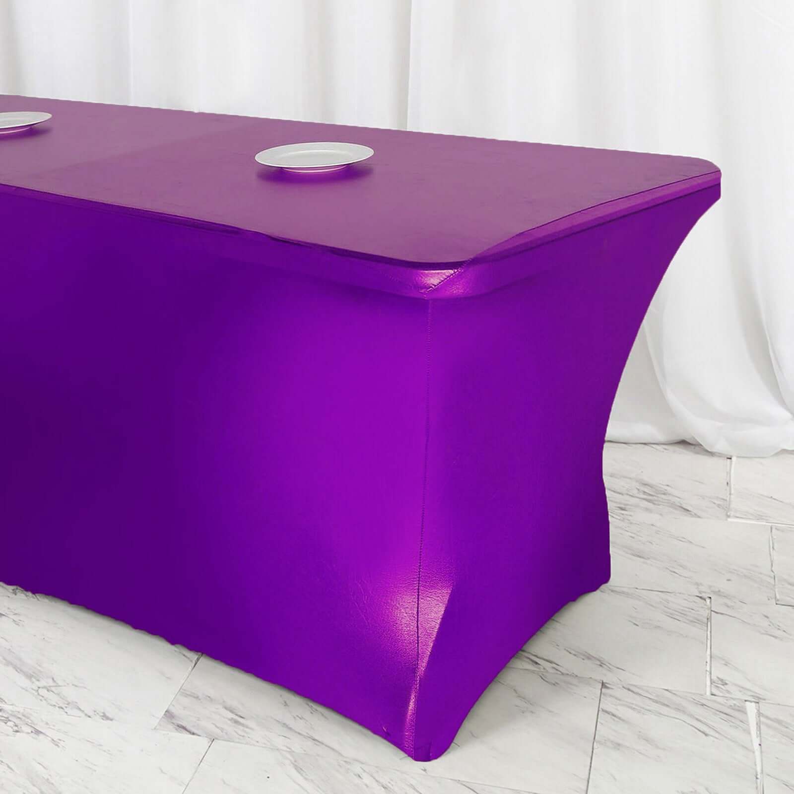 Metallic Purple Stretch Spandex Rectangle Tablecloth 6ft Wrinkle Free Fitted Table Cover for 72x30 Tables