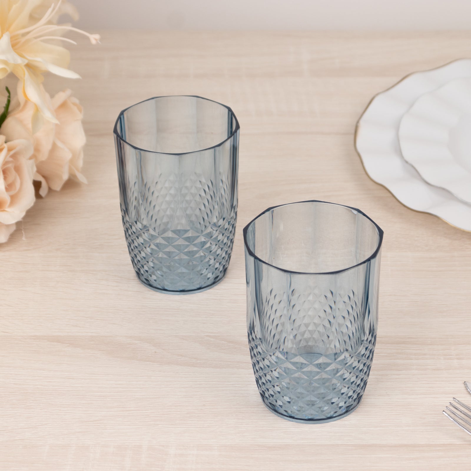 6-Pack Plastic Short Tumblers Dusty Blue Transparent Crystal Cut Style - Reusable All-Purpose Glasses 16oz