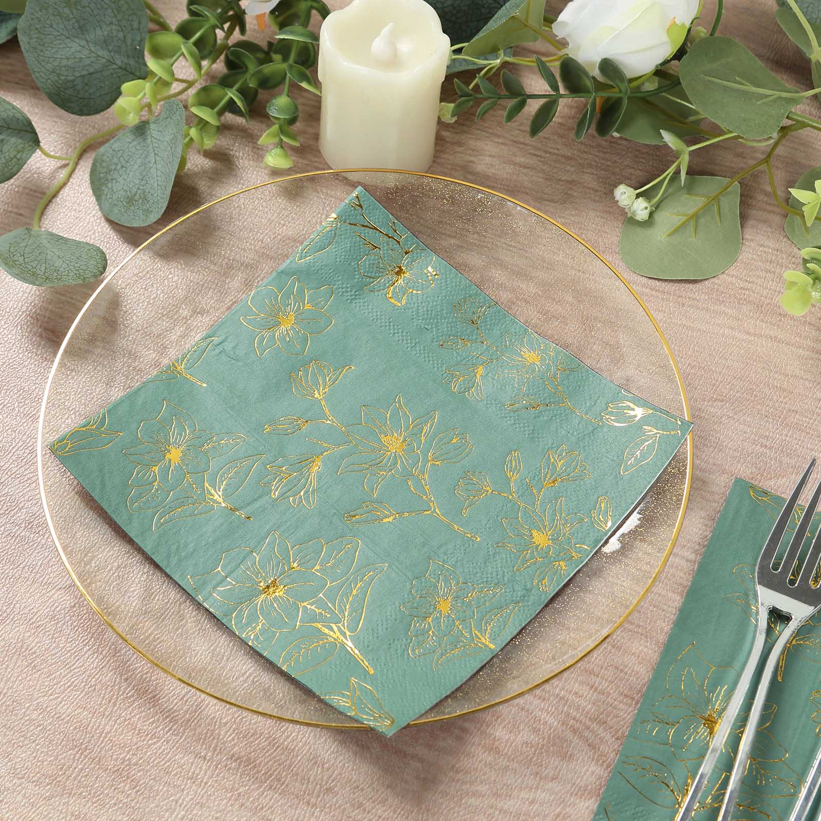 50-Pack Paper Cocktail Napkins with Gold Magnolia Flowers Print Dusty Sage Green - Highly 2 Ply Absorbent Soft Napkins for Beverages