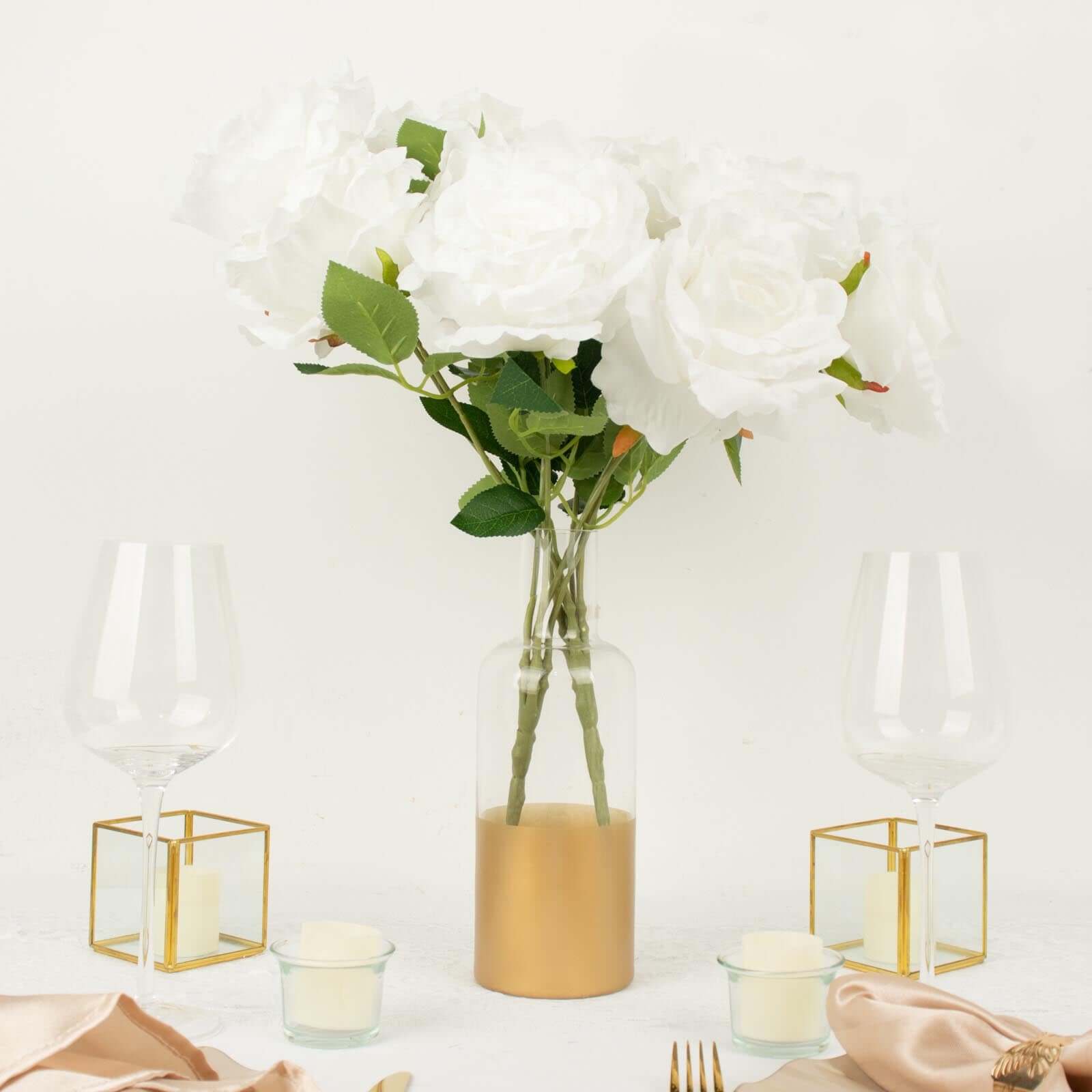 2 Bushes 17 White Premium Silk Jumbo Rose Flower Bouquet, High Quality Artificial Wedding Floral Arrangements
