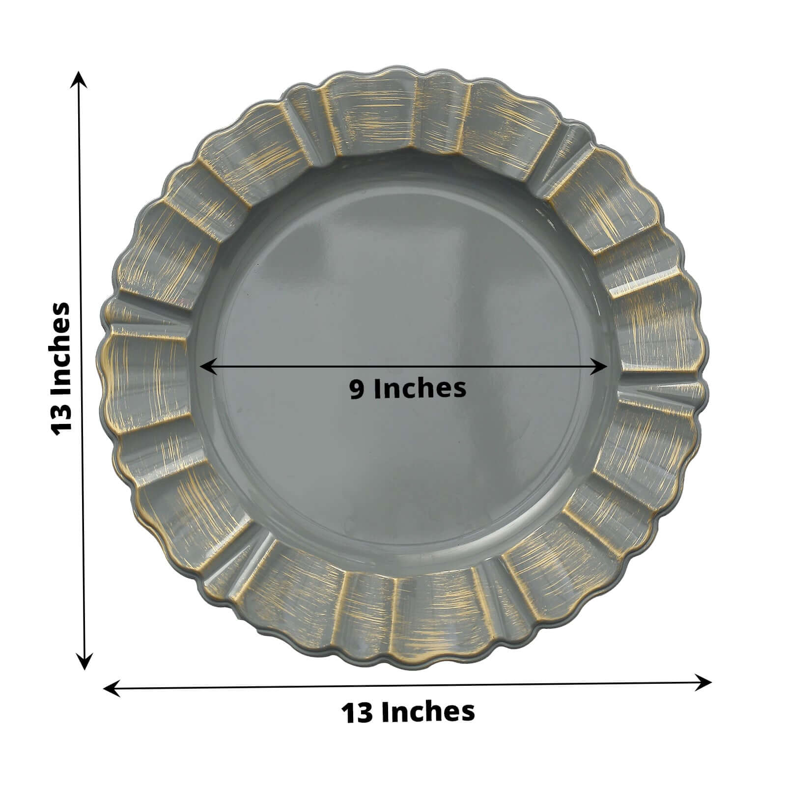 6-Pack Acrylic Plastic Round Charger Plates 13 in Charcoal Gray with Gold Brushed Wavy Scalloped Rim, Decorative Dinner Party Charger Tableware