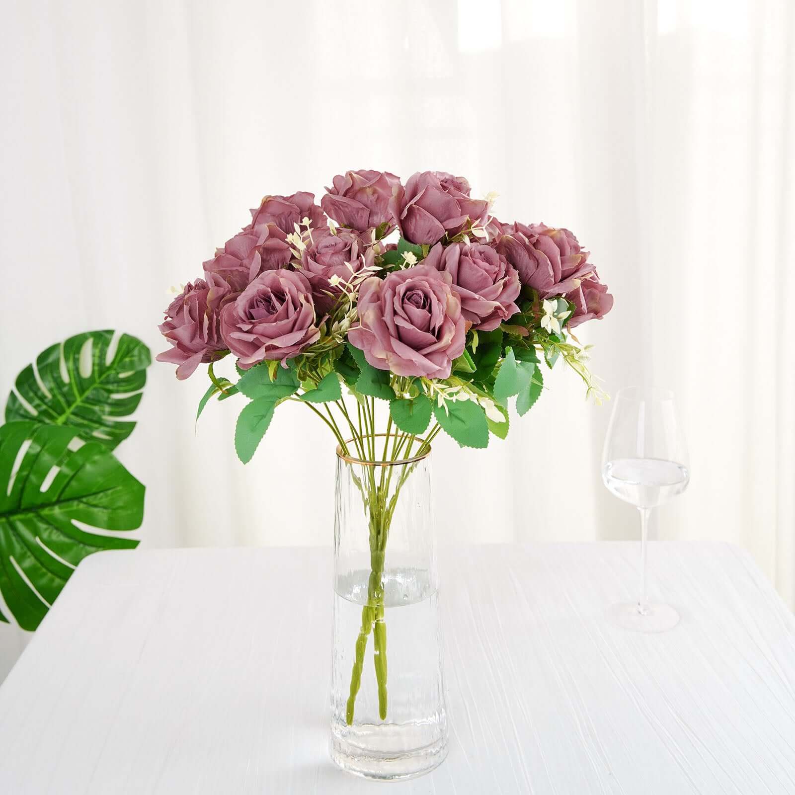 2 Bushes 18 Real Touch Dusty Rose Artificial Rose Flower Bouquet, Silk Long Stem Flower Arrangements