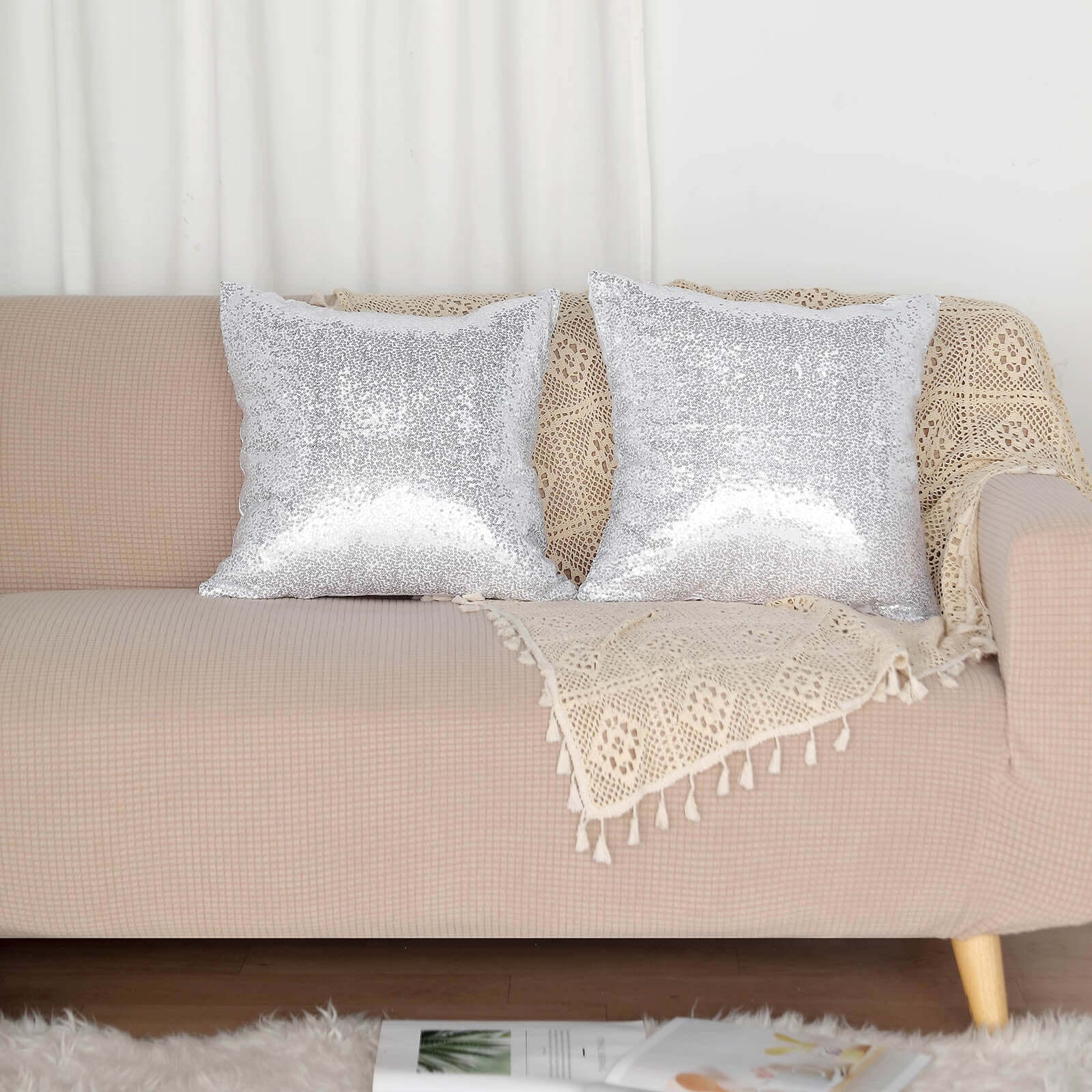 2 Pack 18 Silver Sequin Decorative Square Throw Pillow Cover