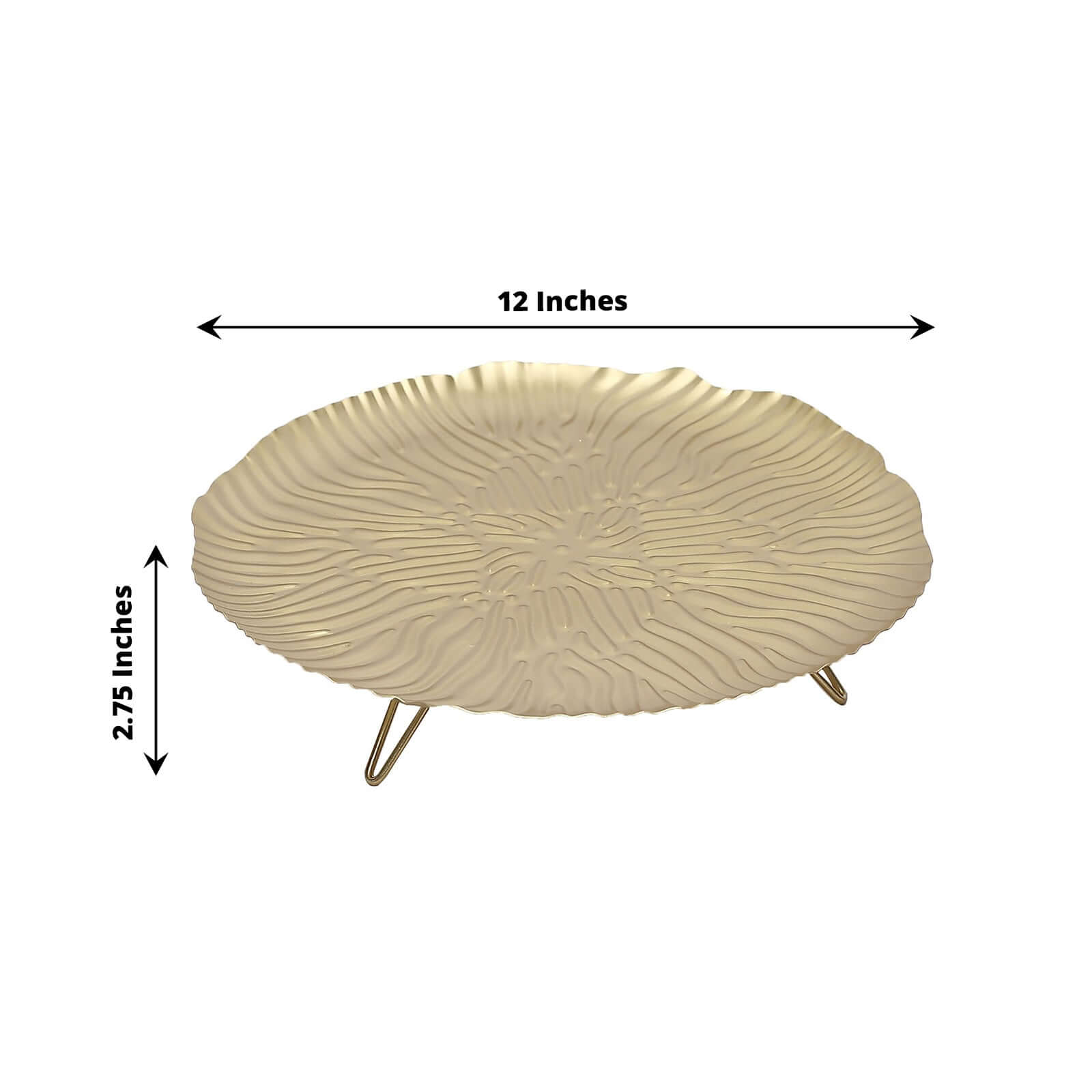 Metal Round Serving Tray 12 in Gold Floral Pattern with Wavy Rim, Pedestal Dessert Display with Hairpin Legs