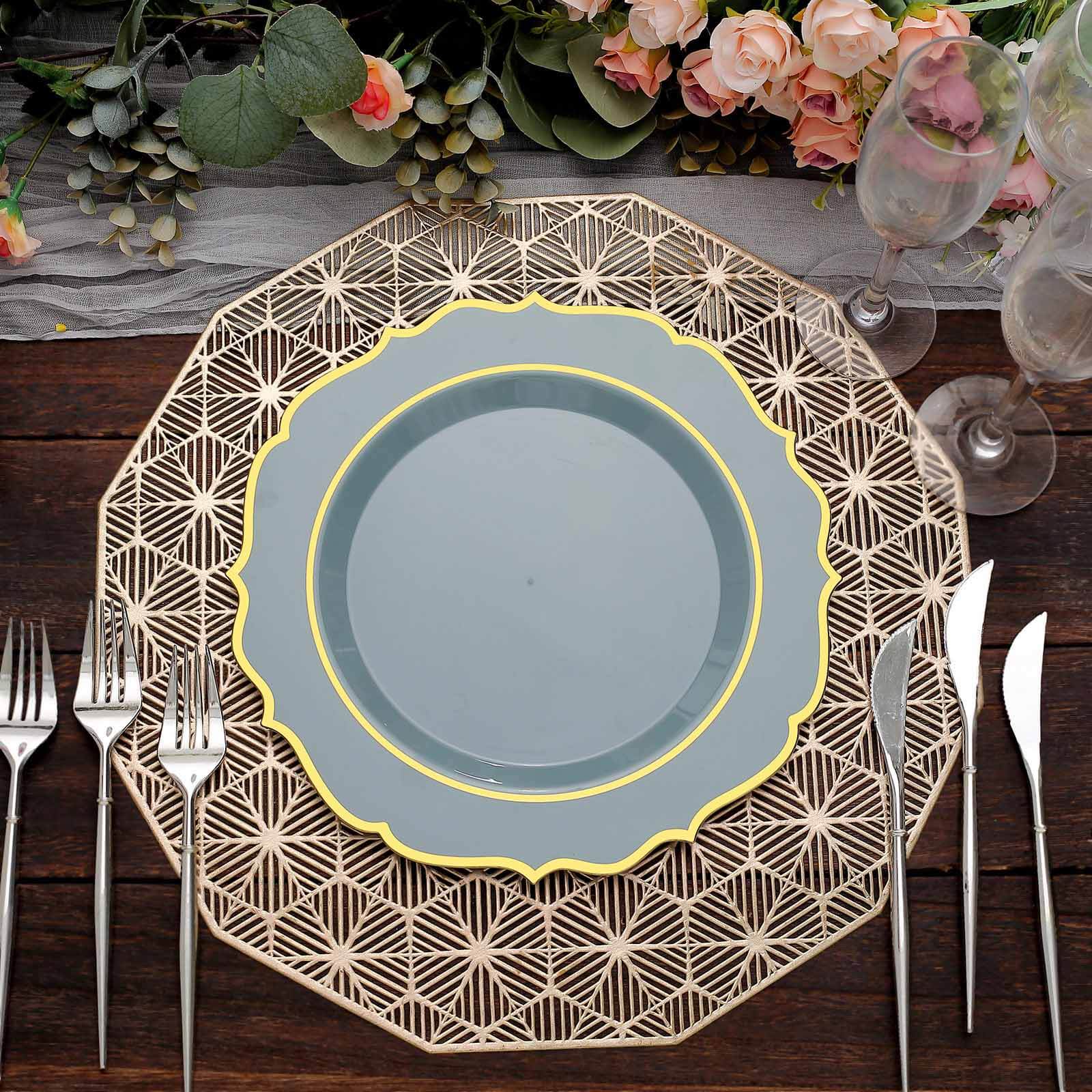 10-Pack Plastic 10 Round Dinner Plates in Dusty Blue with Gold Scalloped Rim - Disposable Party Plates