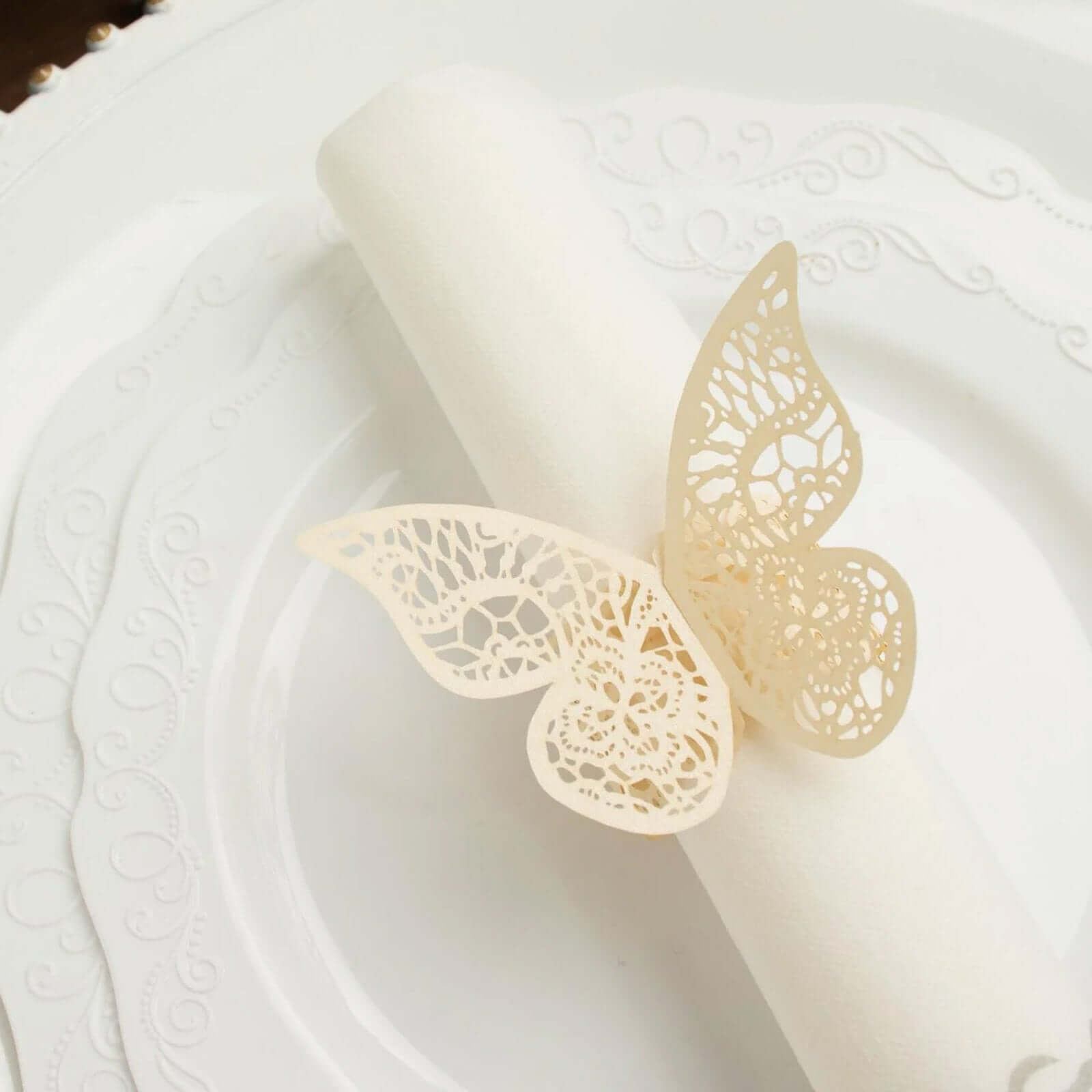 12-Pack Paper Napkin Rings Laser Cut Butterfly Ivory Shimmery - Decorative Serviette Holders