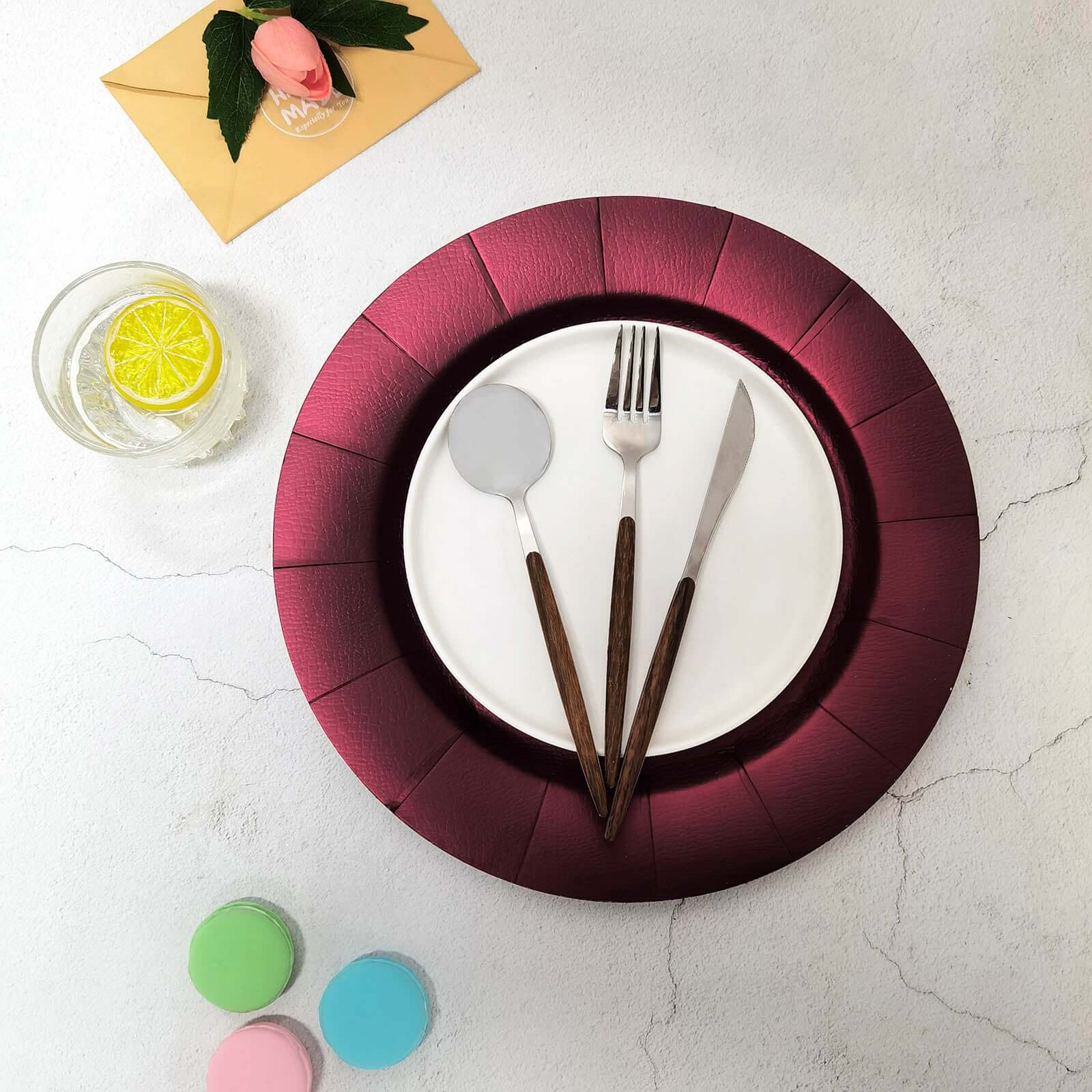 10-Pack Disposable Round Charger Plates in Burgundy with Leathery Texture - Durable 1100GSM Cardboard Placemats 13