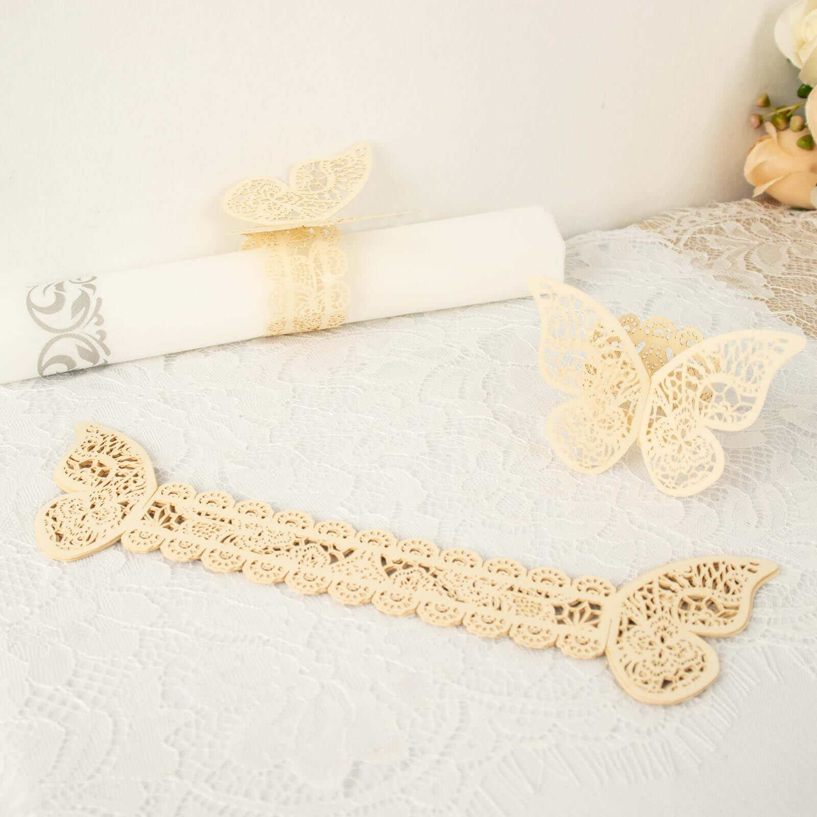 12-Pack Paper Napkin Rings Laser Cut Butterfly Ivory Shimmery - Decorative Serviette Holders