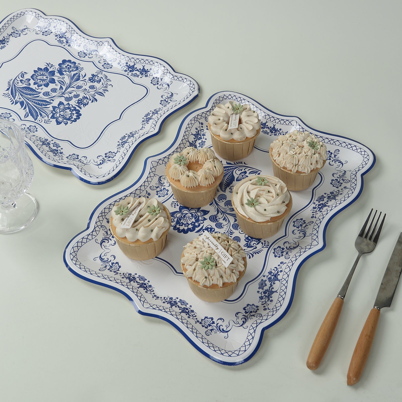 10-Pack Paper 14x10 Rectangle Serving Trays White Royal Blue Damask Floral Pattern - Heavy Duty Disposable 400GSM Cardboard Party Platters for Weddings & Parties