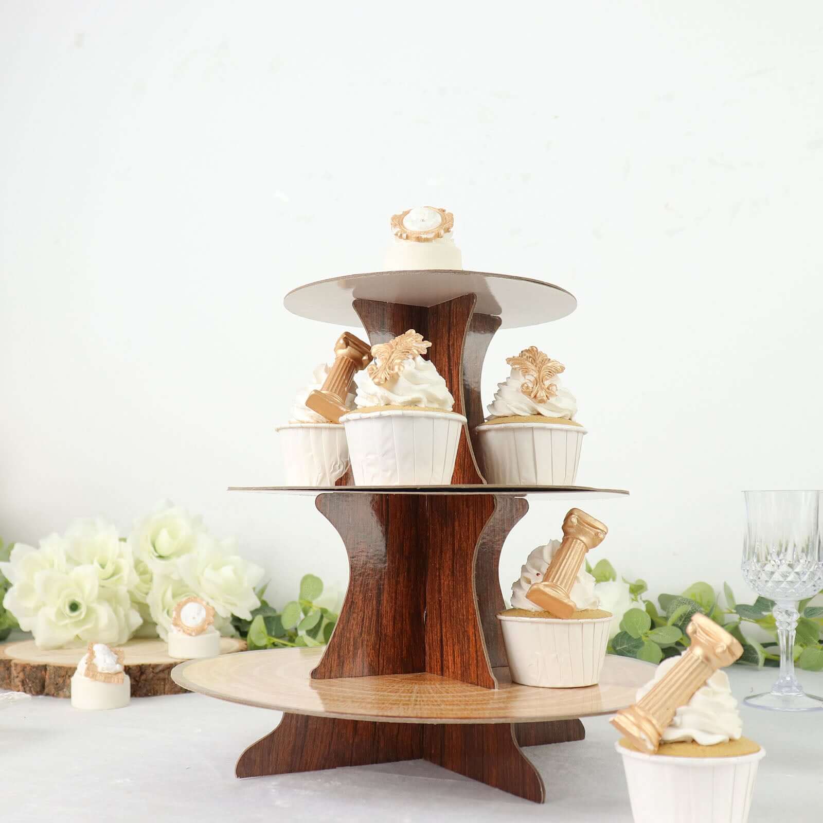 3-Tier Cardboard Cupcake Stand Natural Wood Plank Print - Reusable Dessert Table Display Tower for Classy Birthday Wedding Party Decoration 14