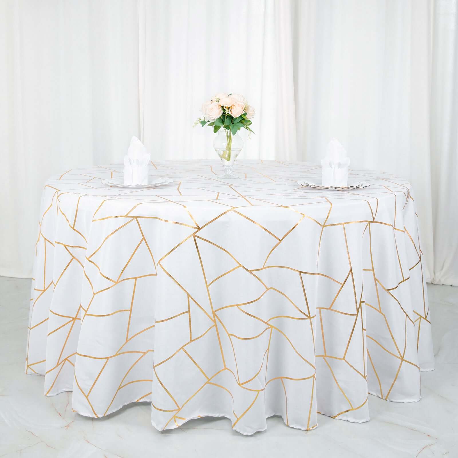 Polyester 120 Round Tablecloth White with Gold Foil Geometric Pattern Wrinkle-Resistant Modern Seamless Table Cover