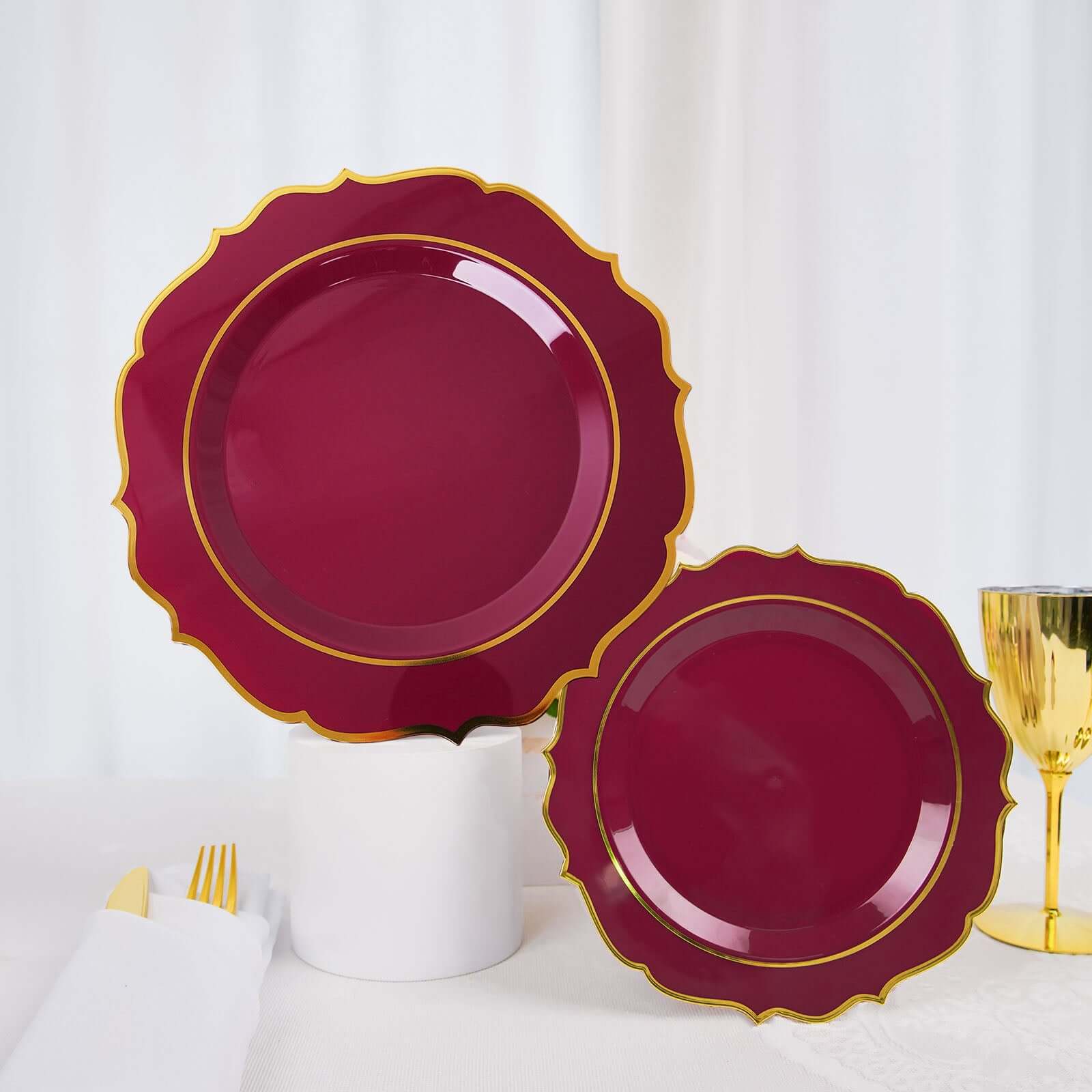 10-Pack Plastic 8 Round Desert Plates in Burgundy with Gold Scalloped Rim - Disposable Appetizer/Salad Plates