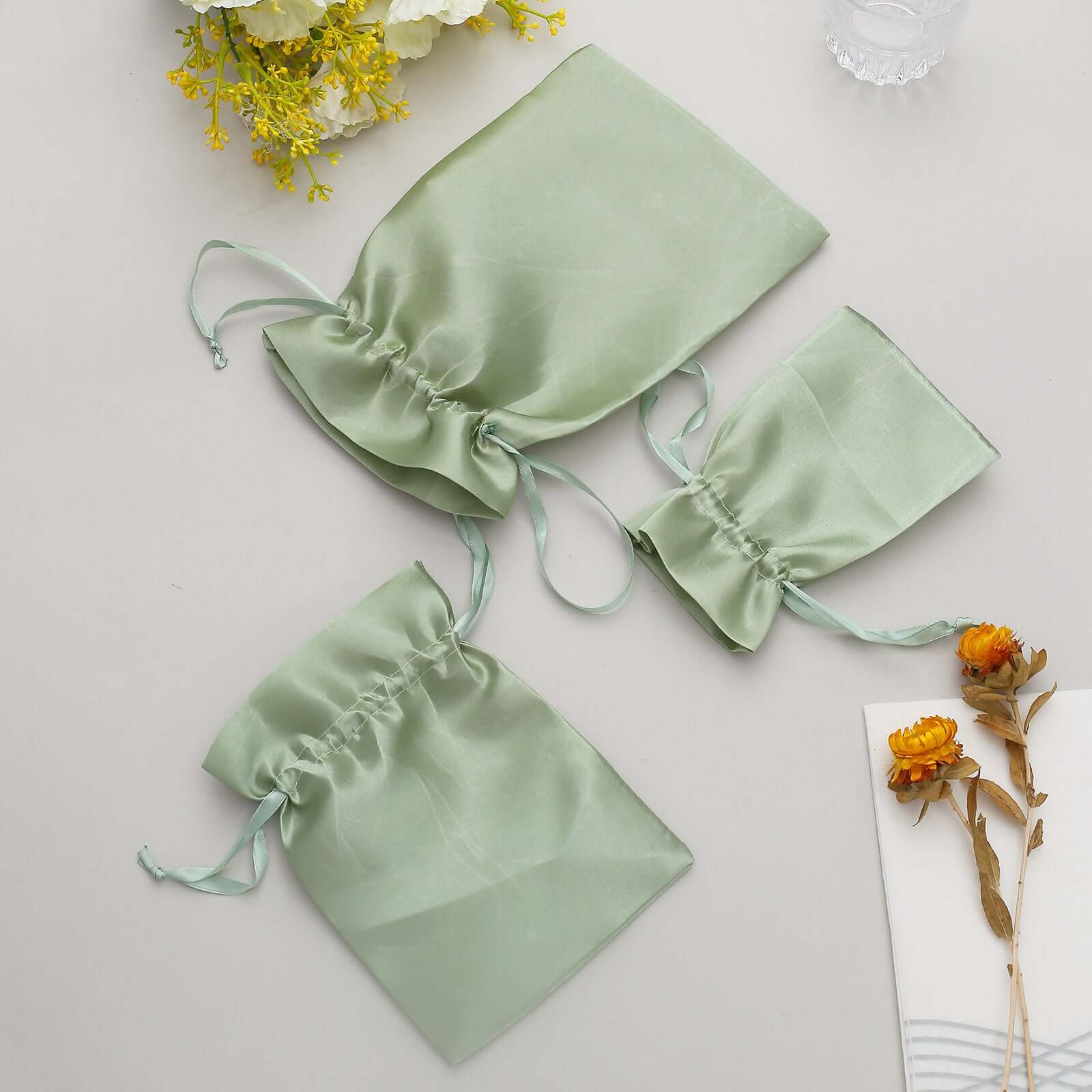 12 Pack 4x6 Sage Green Satin Drawstring Wedding Party Favor Gift Bags