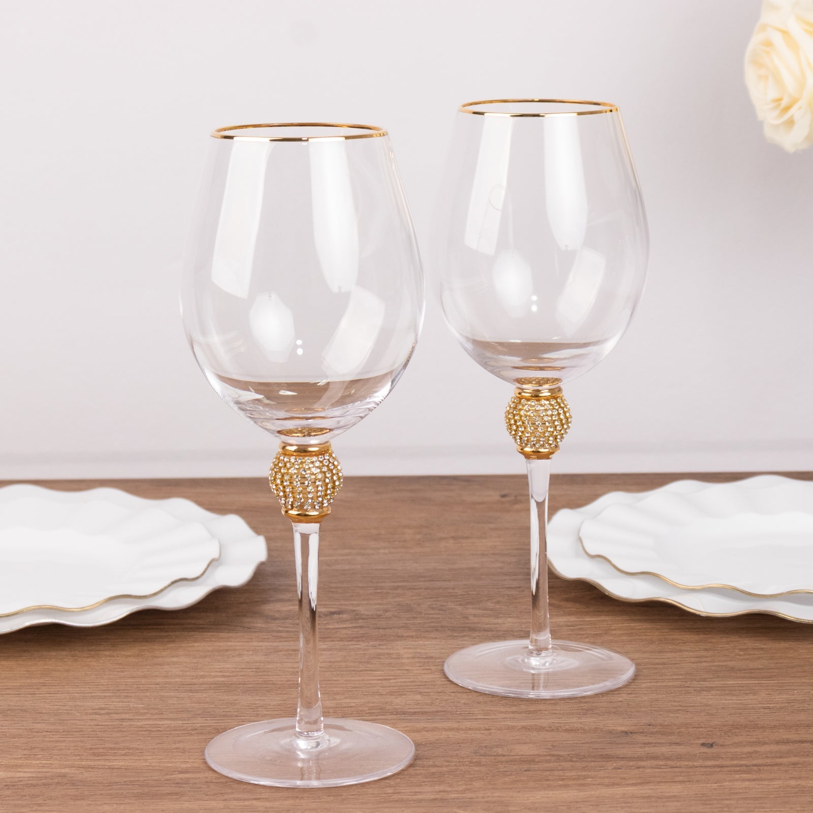 Set of 6 Wine Goblet Glasses Clear Gold Rimmed Design with Rhinestone Studded Stem - Handblown Vintage Crystal Glasses for Cocktails 16oz 10