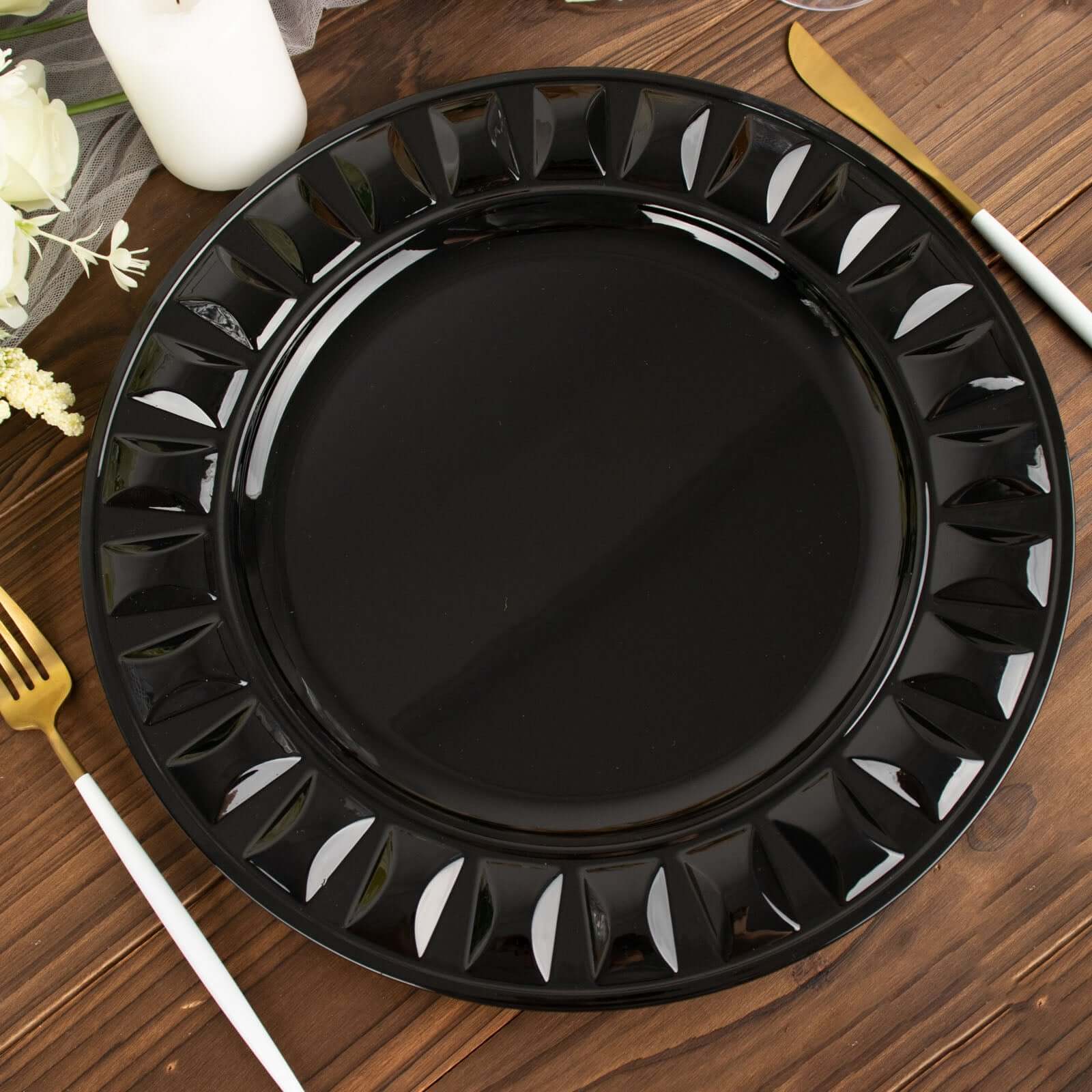 6-Pack Plastic Round Charger Plates 13 in Black with Bejeweled Rim, Luxe Decorative Dinner Party Charger Tableware