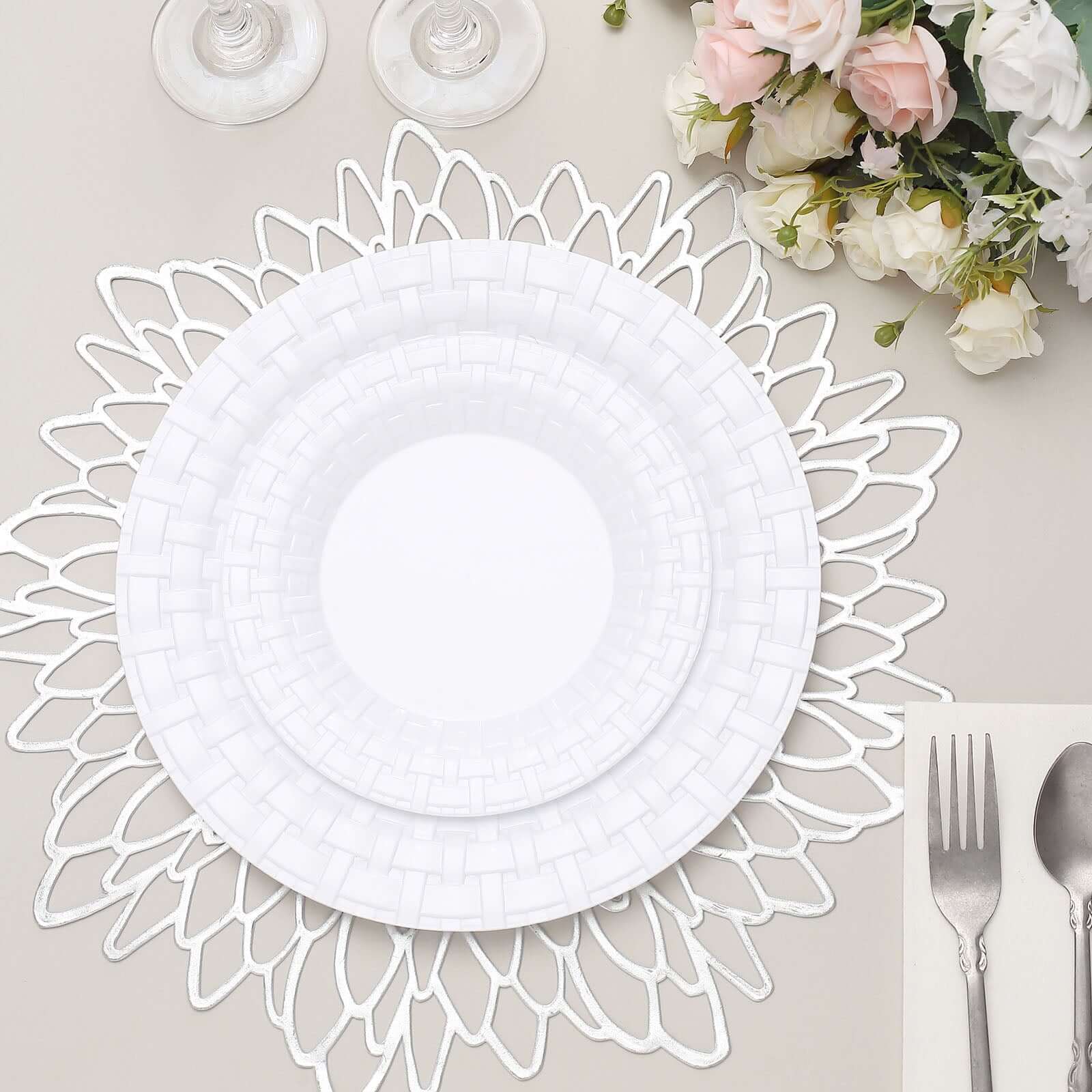 10 Pack 7 White Basketweave Rim Plastic Salad Dessert Plates, Round Disposable Appetizer Plates