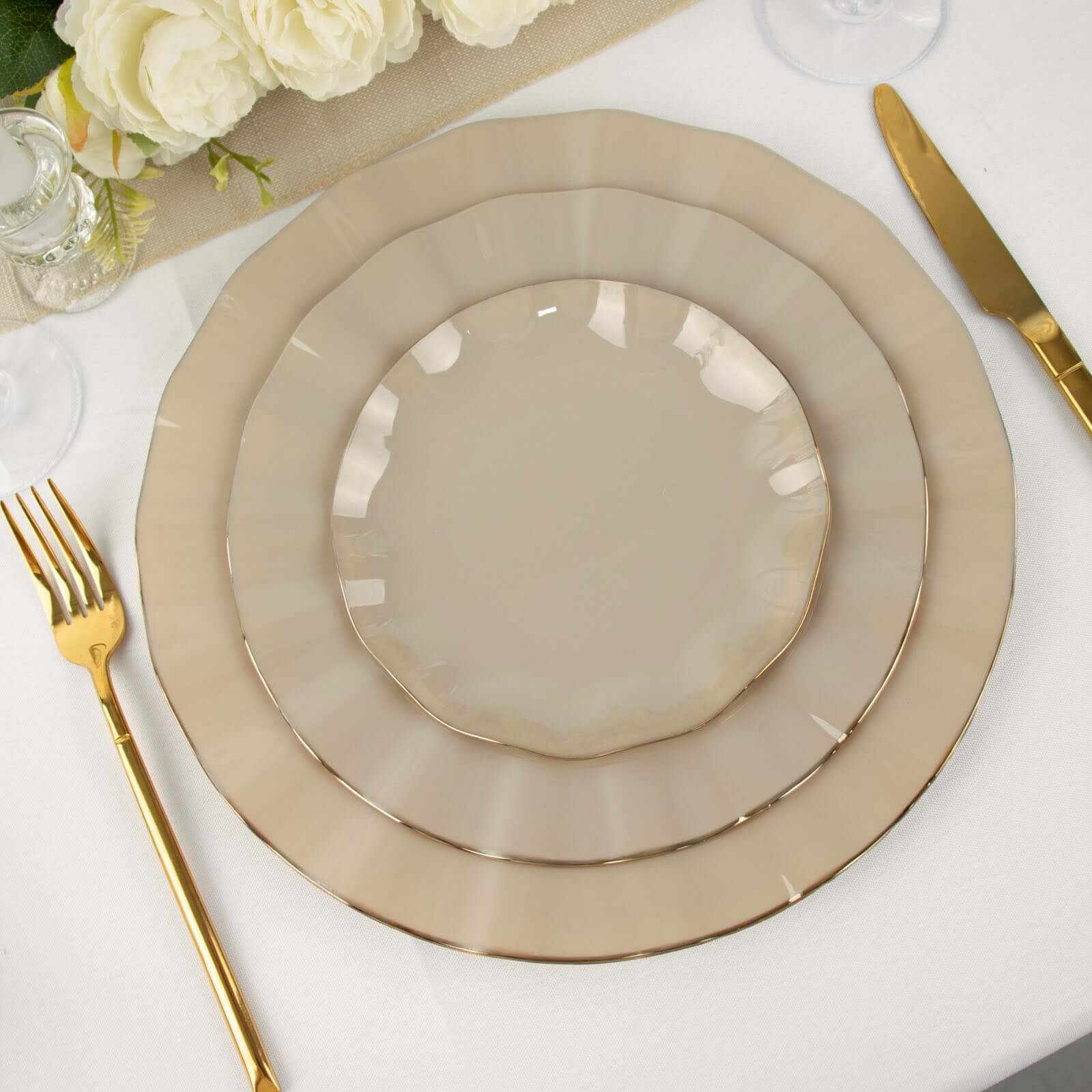 10-Pack Plastic 11 Round Dinner Plates in Taupe Ruffled Rim with Gold Edging - Sturdy Disposable Dinnerware