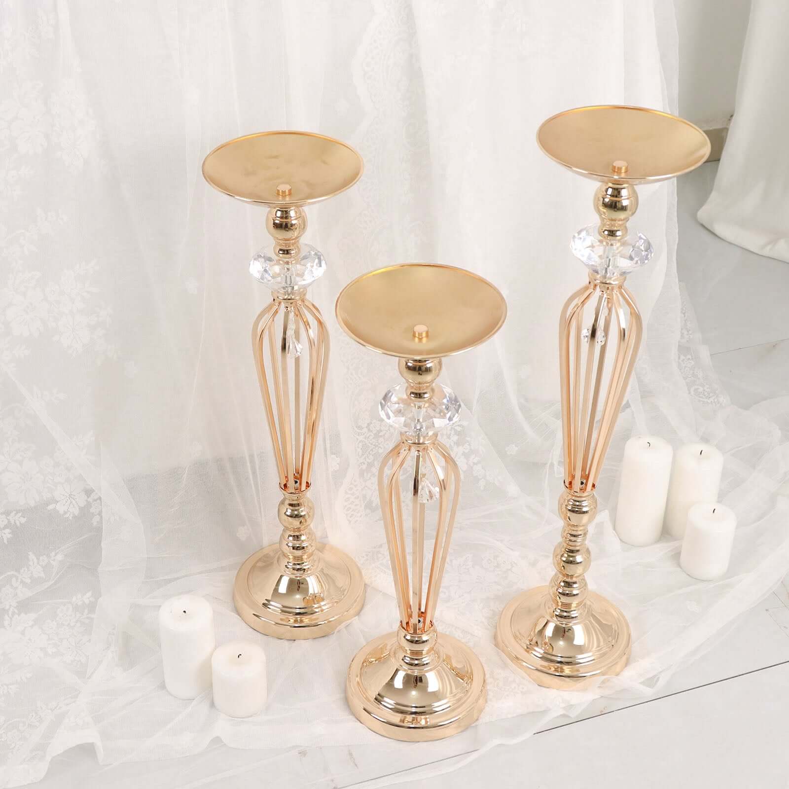 Set of 3 Metal Pedestal Stands with Crystal Ball Flower Bowl Design Gold - Pillar Candle Holders 20, 23, 25