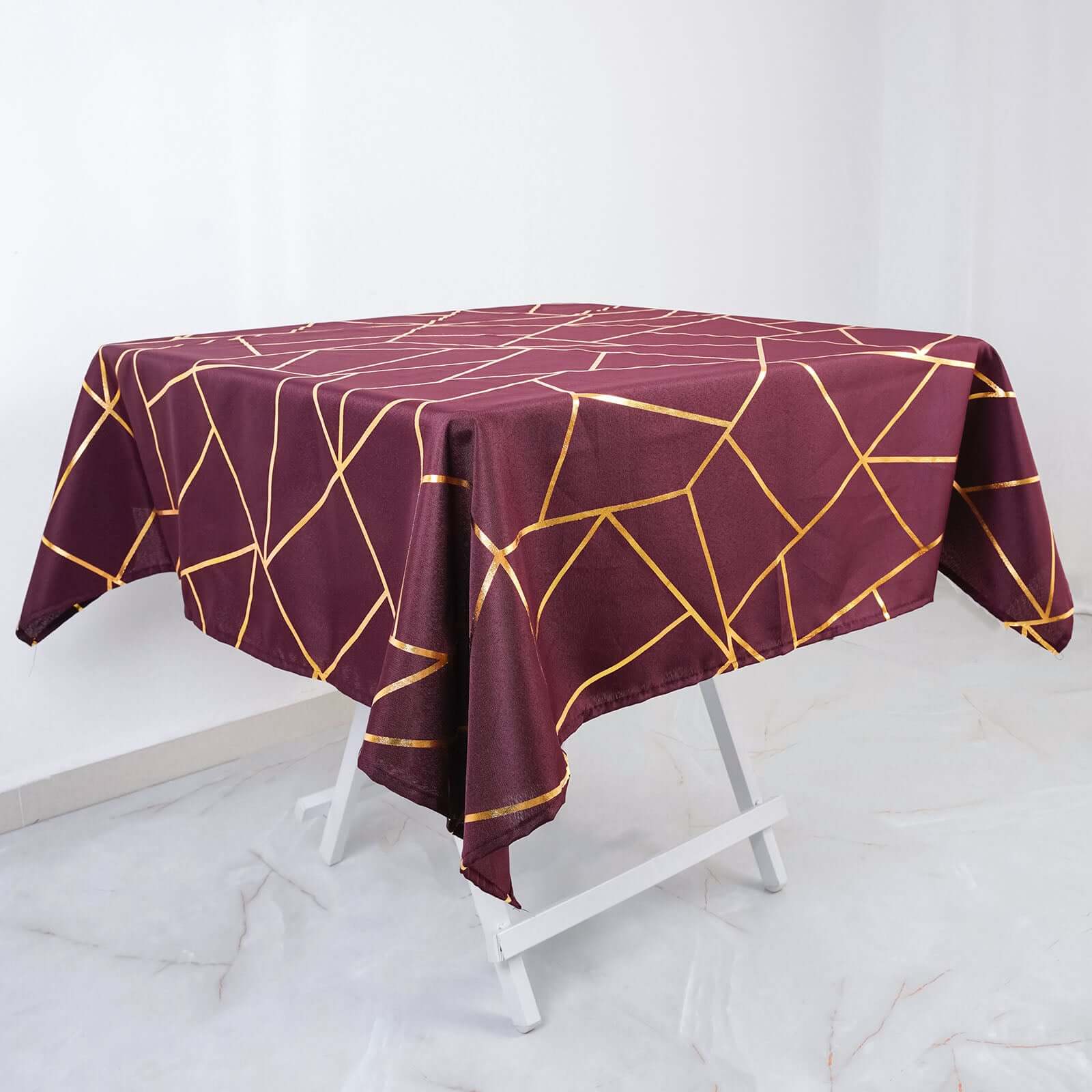 Polyester 54x54 Square Tablecloth Burgundy with Gold Foil Geometric Pattern - Wrinkle-Resistant & Durable Table Cover