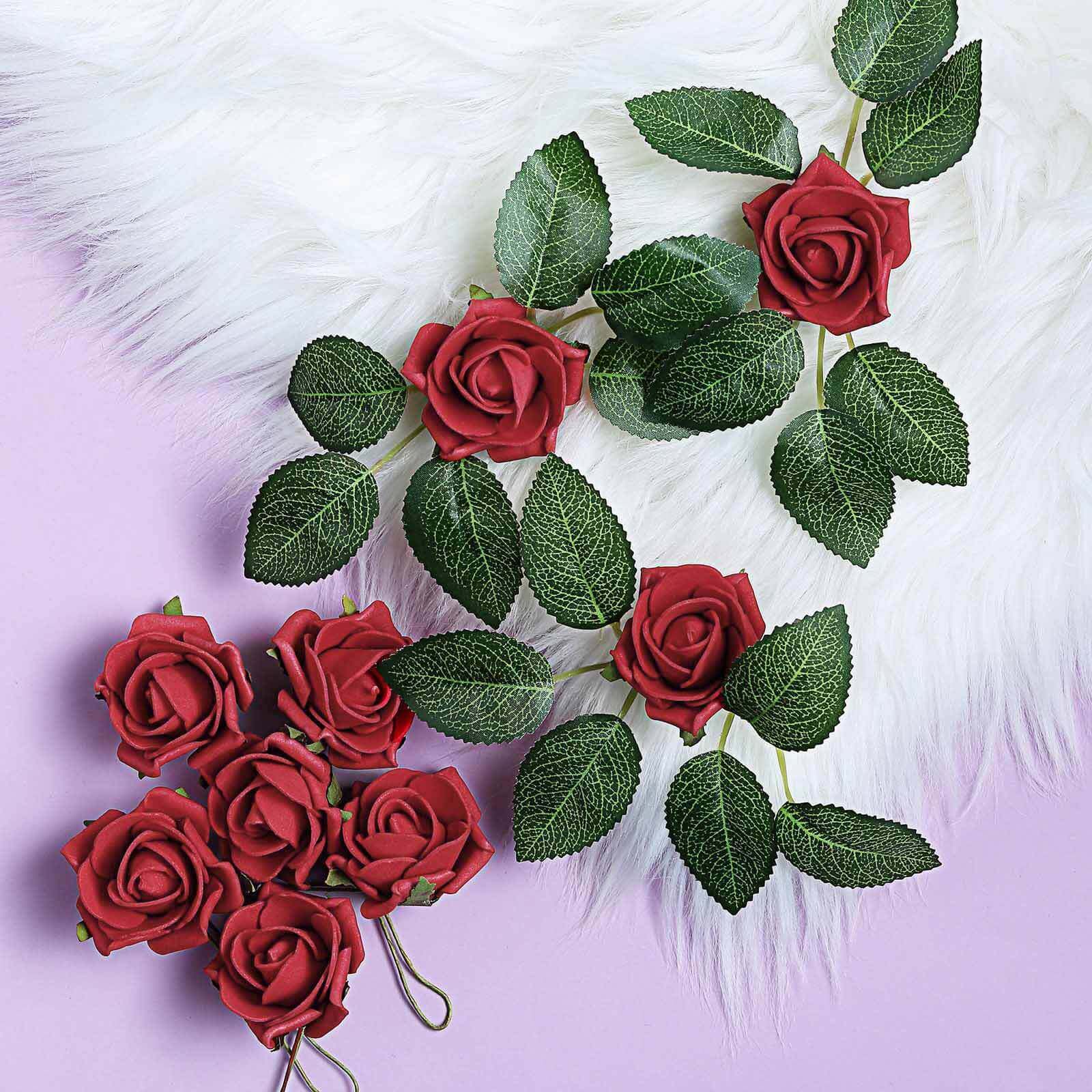 24 Roses 2 Red Artificial Foam Flowers With Stem Wire and Leaves