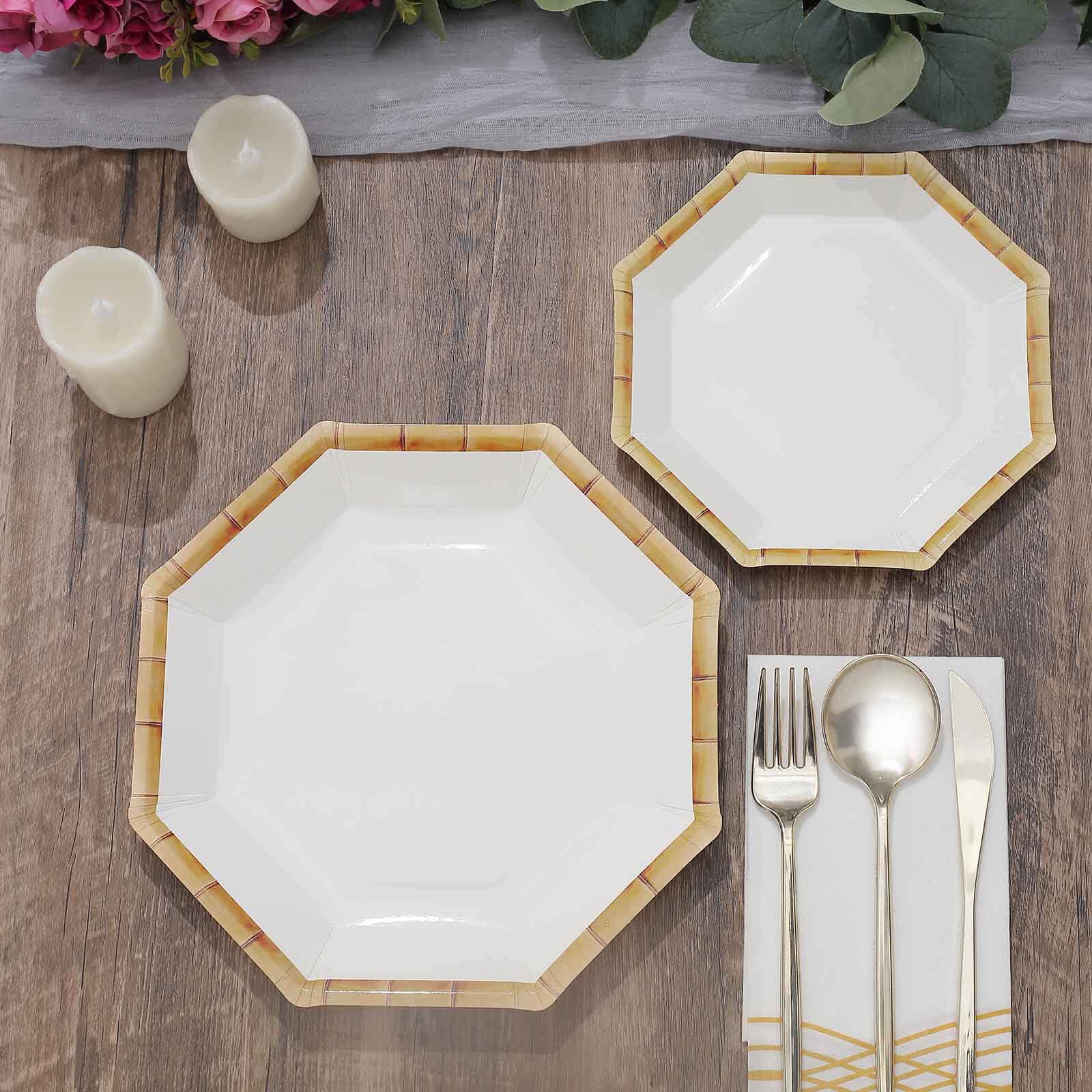 25-Pack Paper 9 Octagonal Dinner Plates in White with Bamboo Print Rim - Disposable Geometric Party Plates for Tropical & Beach Themed Celebrations