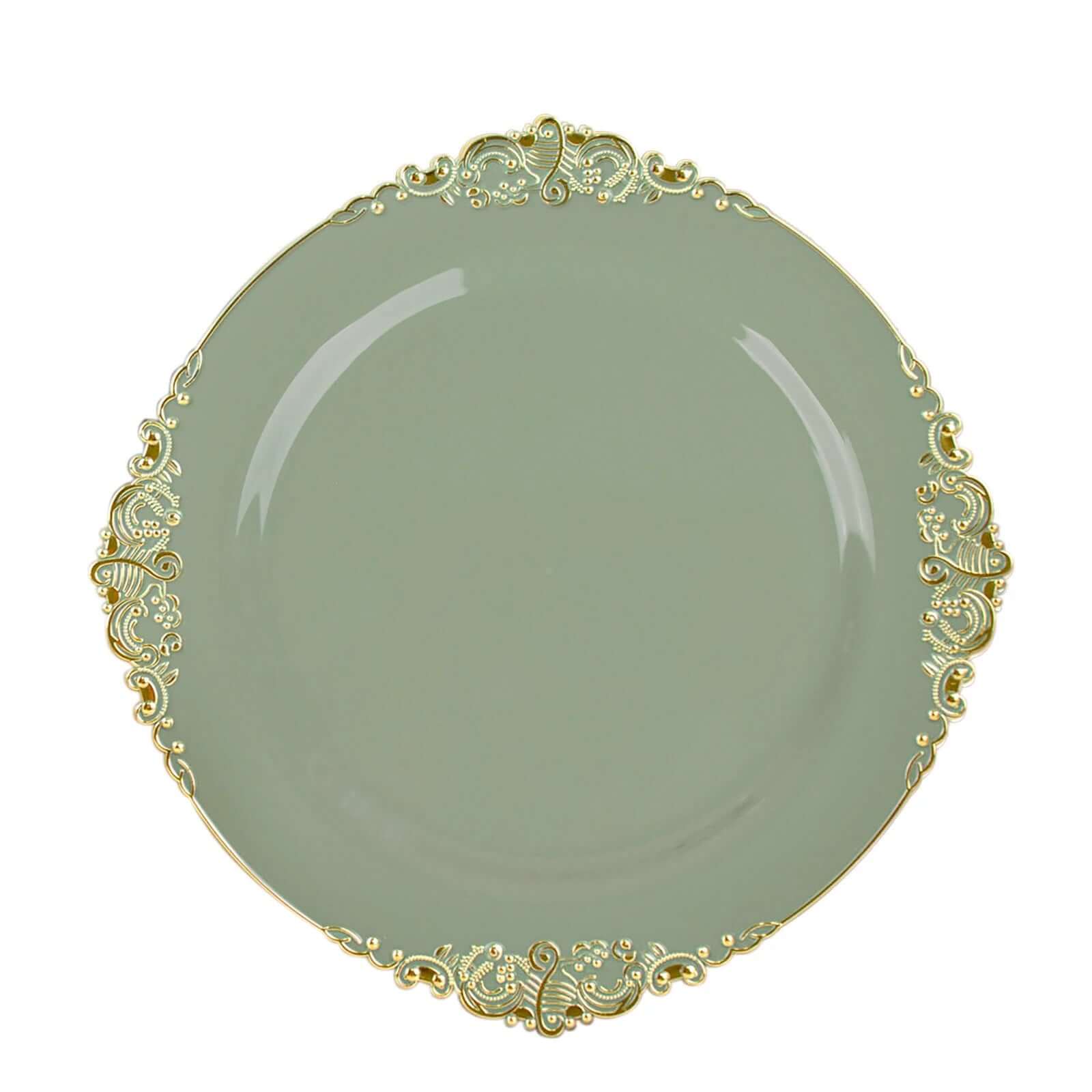 10-Pack Plastic 10 Round Dinner Plates in Dusty Sage Green with Gold Leaf Embossed Rim - Disposable Vintage Baroque Style Plates