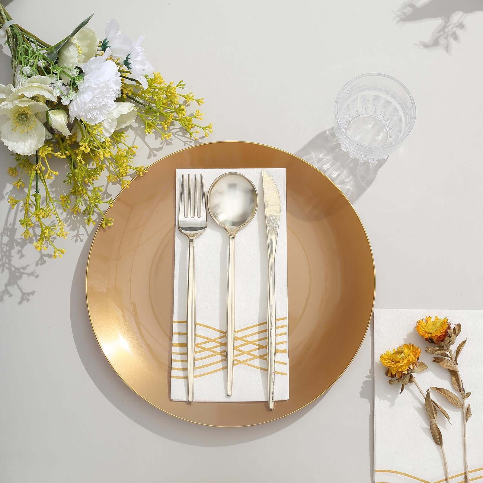 10-Pack Plastic 10 Round Dinner Plates in Gold with Gold Rim - Glossy Disposable Party Plates