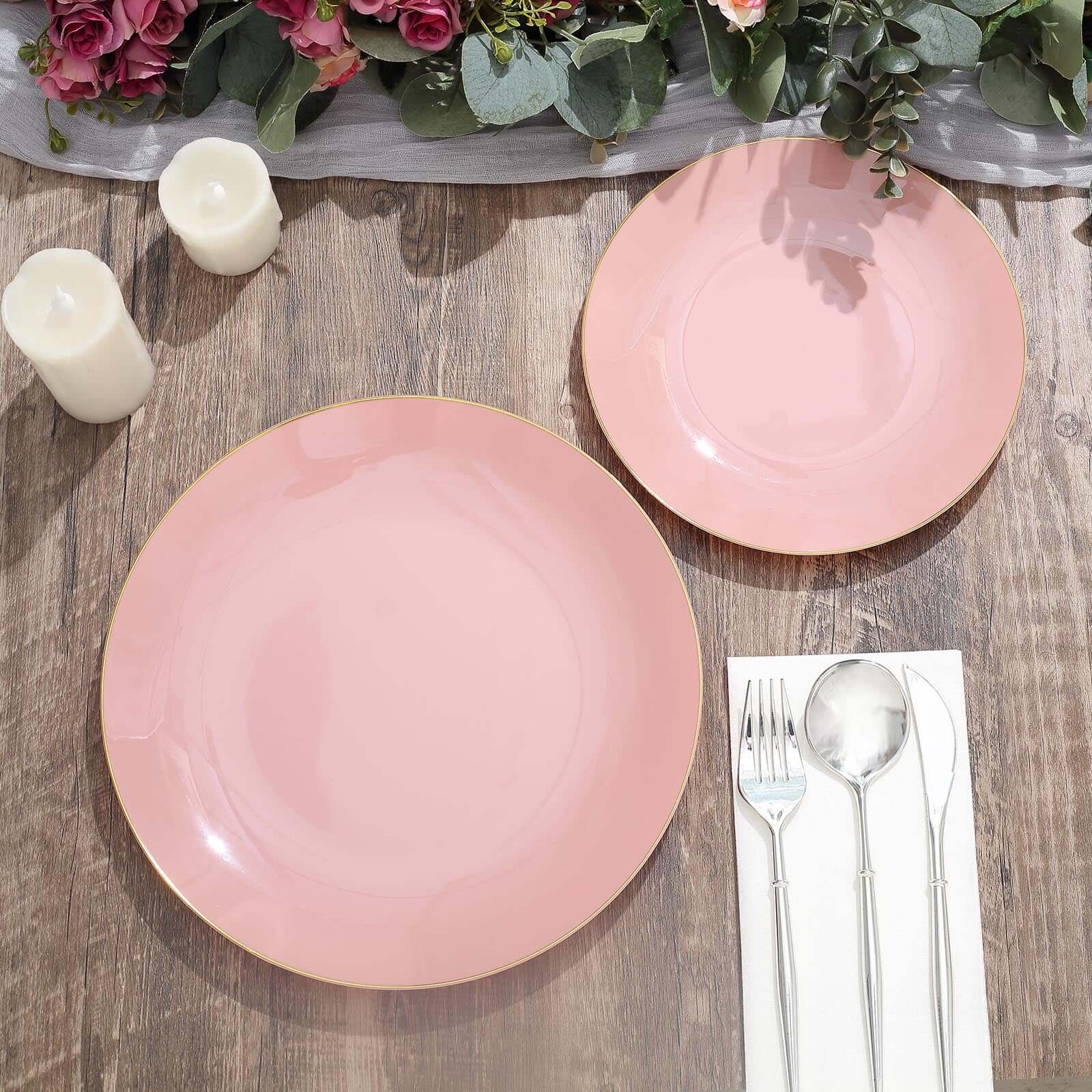 10-Pack Plastic 10 Round Dinner Plates in Dusty Rose with Gold Rim - Glossy Disposable Party Plates